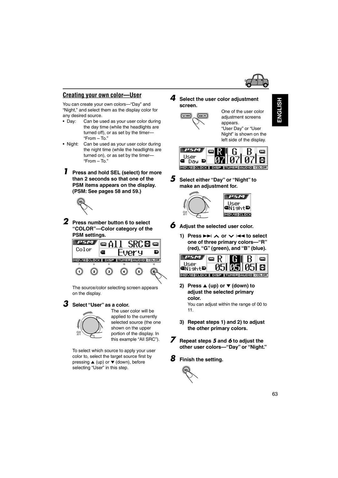 JVC KD-DV5000 manual Creating your own color-User, Select the user color adjustment, Screen, Select User as a color 