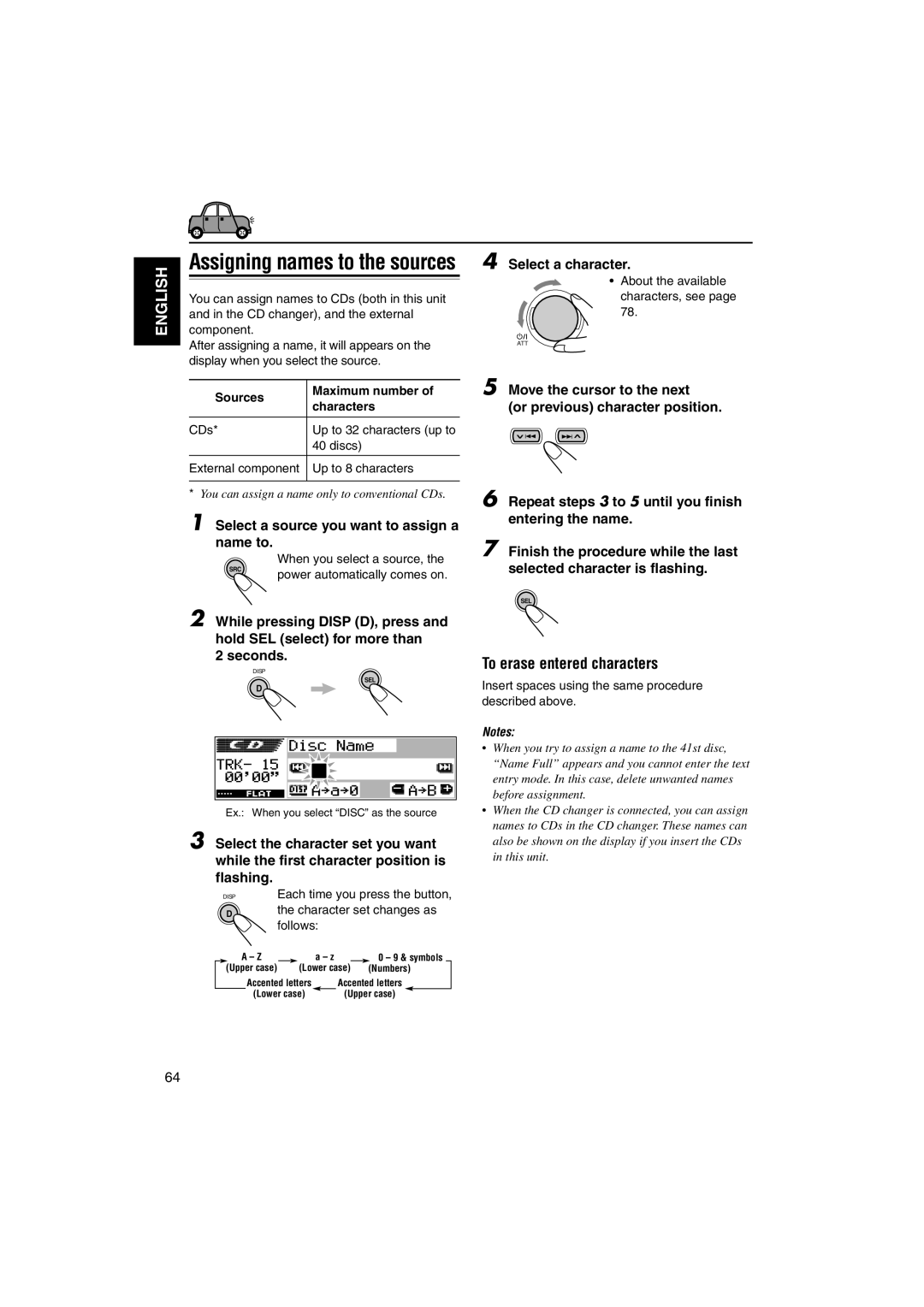 JVC KD-DV5000 manual Assigning names to the sources, Move the cursor to the next Or previous character position 