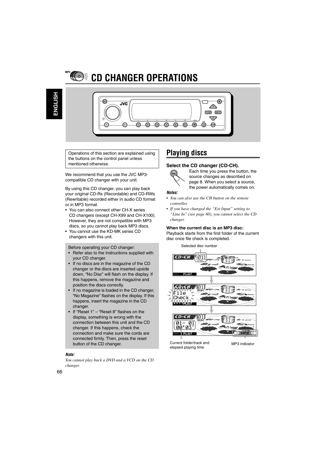 JVC KD-DV5000 CD Changer Operations, Playing discs, Select the CD changer CD-CH, When the current disc is an MP3 disc 