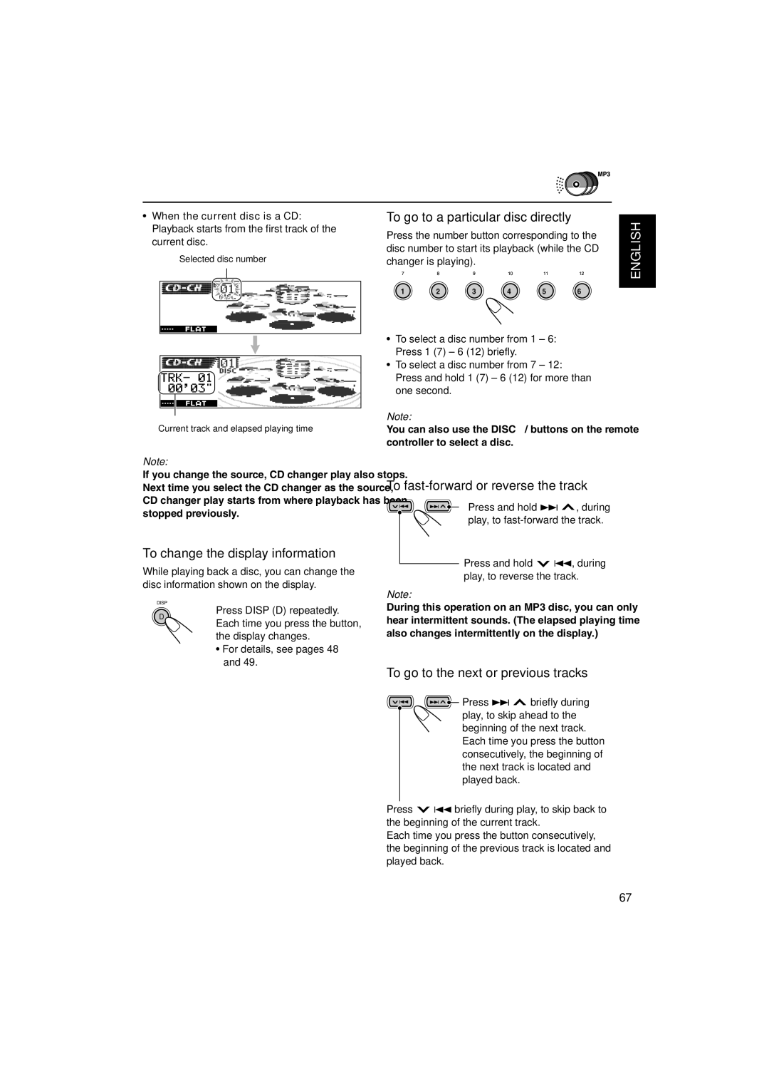 JVC KD-DV5000 To change the display information, To go to a particular disc directly, To fast-forward or reverse the track 