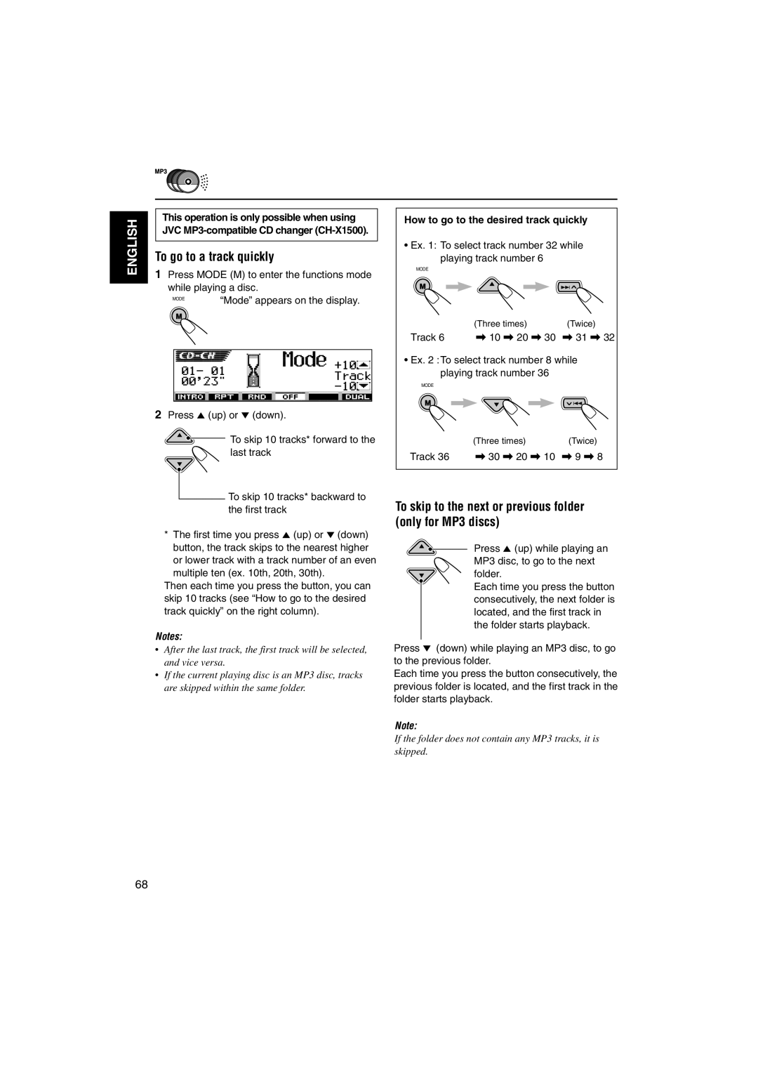 JVC KD-DV5000 manual To go to a track quickly, To skip to the next or previous folder only for MP3 discs 