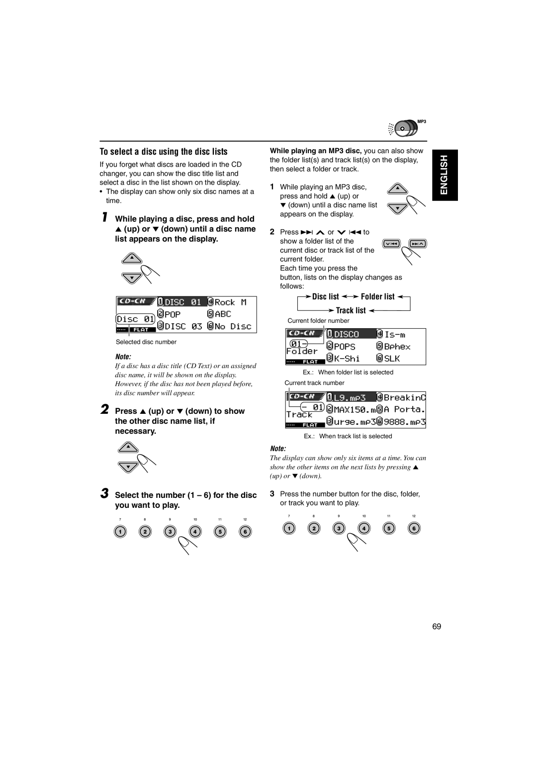 JVC KD-DV5000 manual To select a disc using the disc lists, Disc list Folder list Track list 