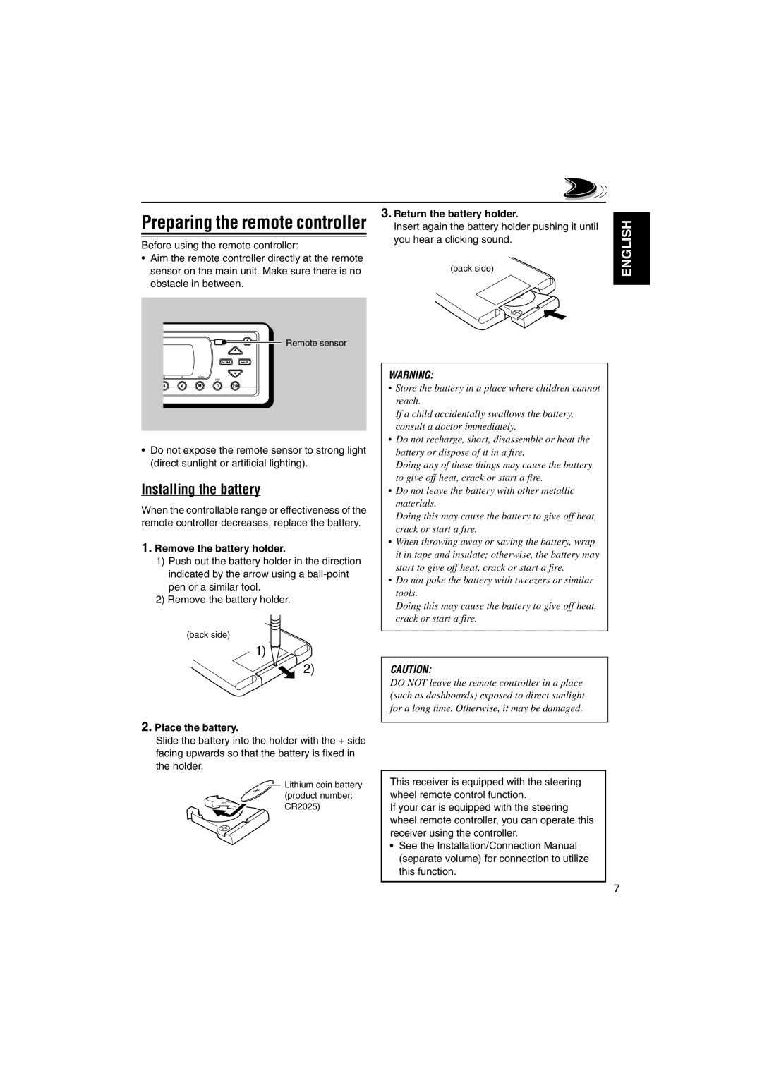 JVC KD-DV5000 manual Preparing the remote controller, Installing the battery, Remove the battery holder, Place the battery 