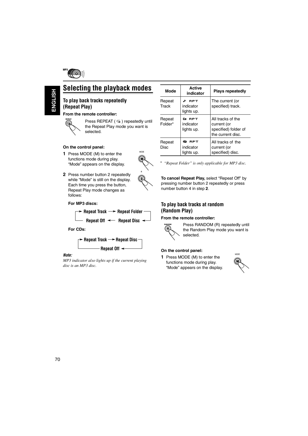 JVC KD-DV5000 manual Selecting the playback modes, To play back tracks repeatedly Repeat Play 