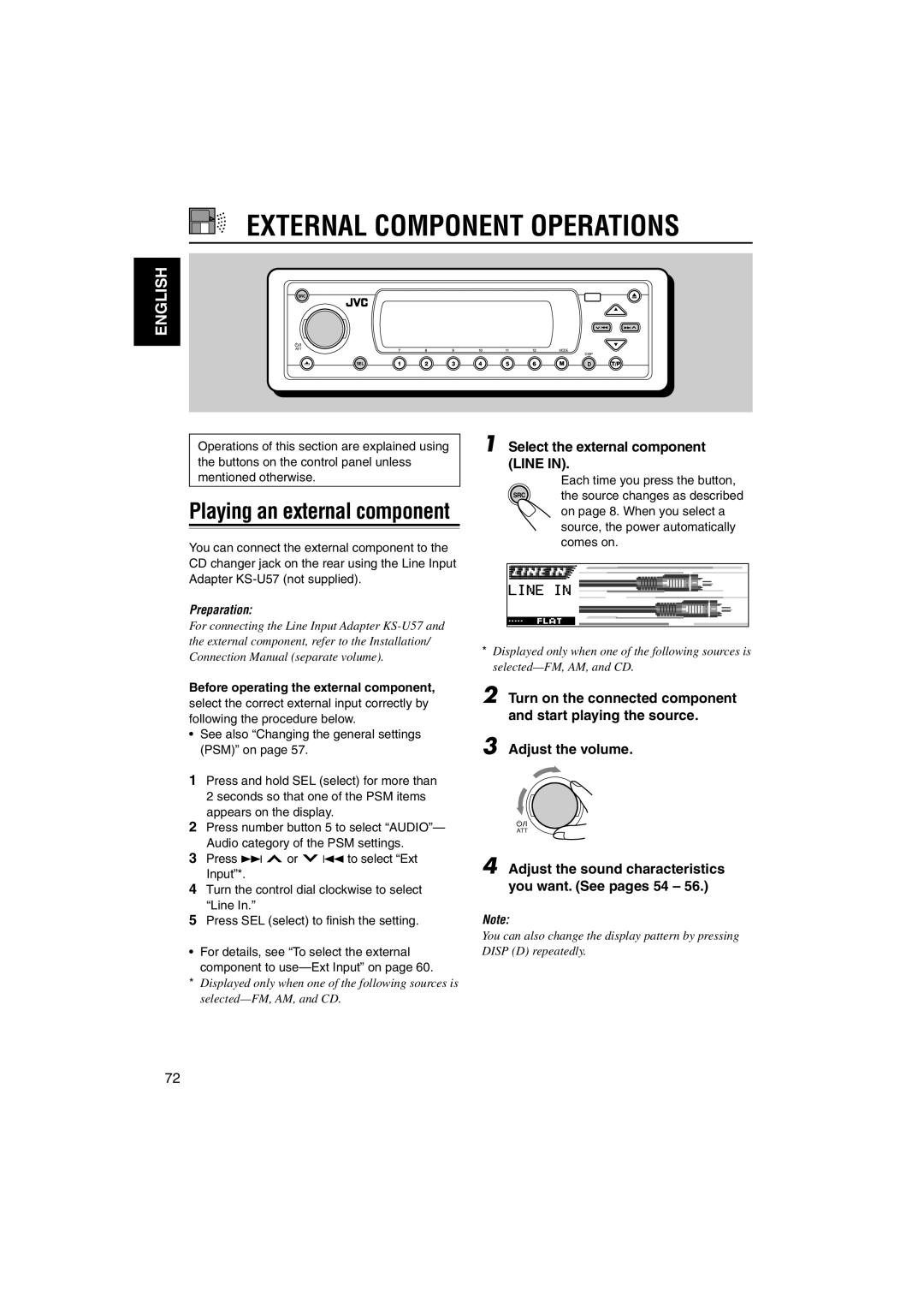 JVC KD-DV5000 manual External Component Operations, Playing an external component, Select the external component Line 