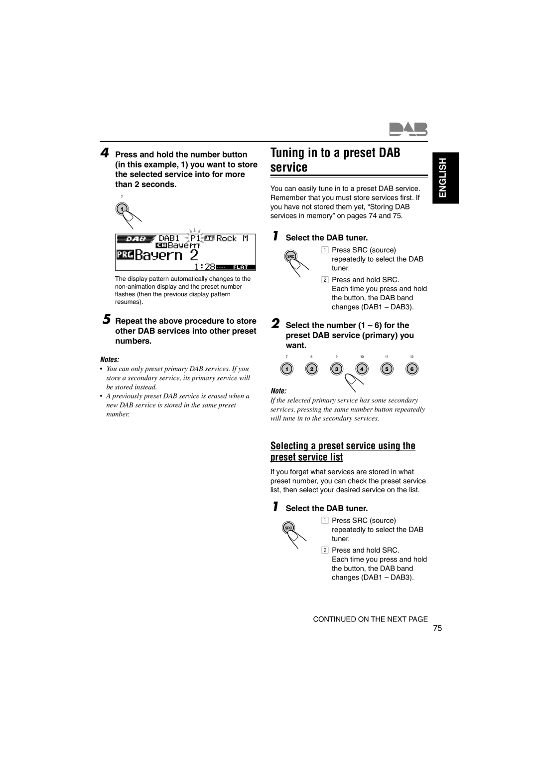 JVC KD-DV5000 manual Tuning in to a preset DAB service, Selecting a preset service using the preset service list 