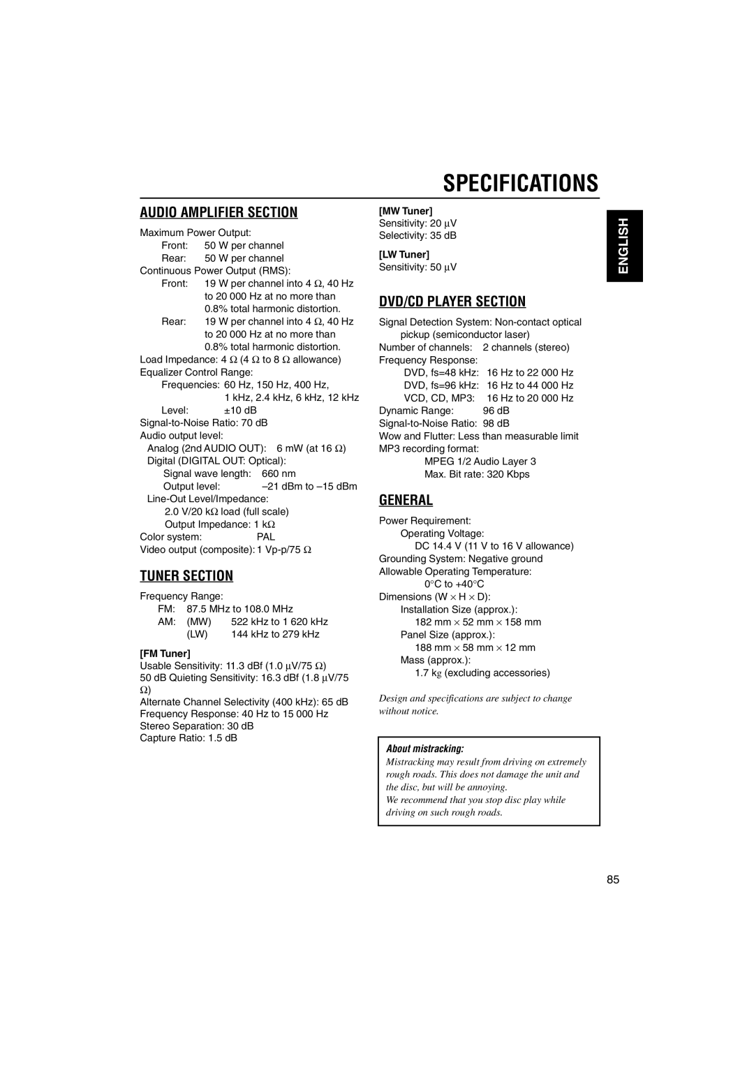 JVC KD-DV5000 manual Specifications, FM Tuner, MW Tuner, LW Tuner 