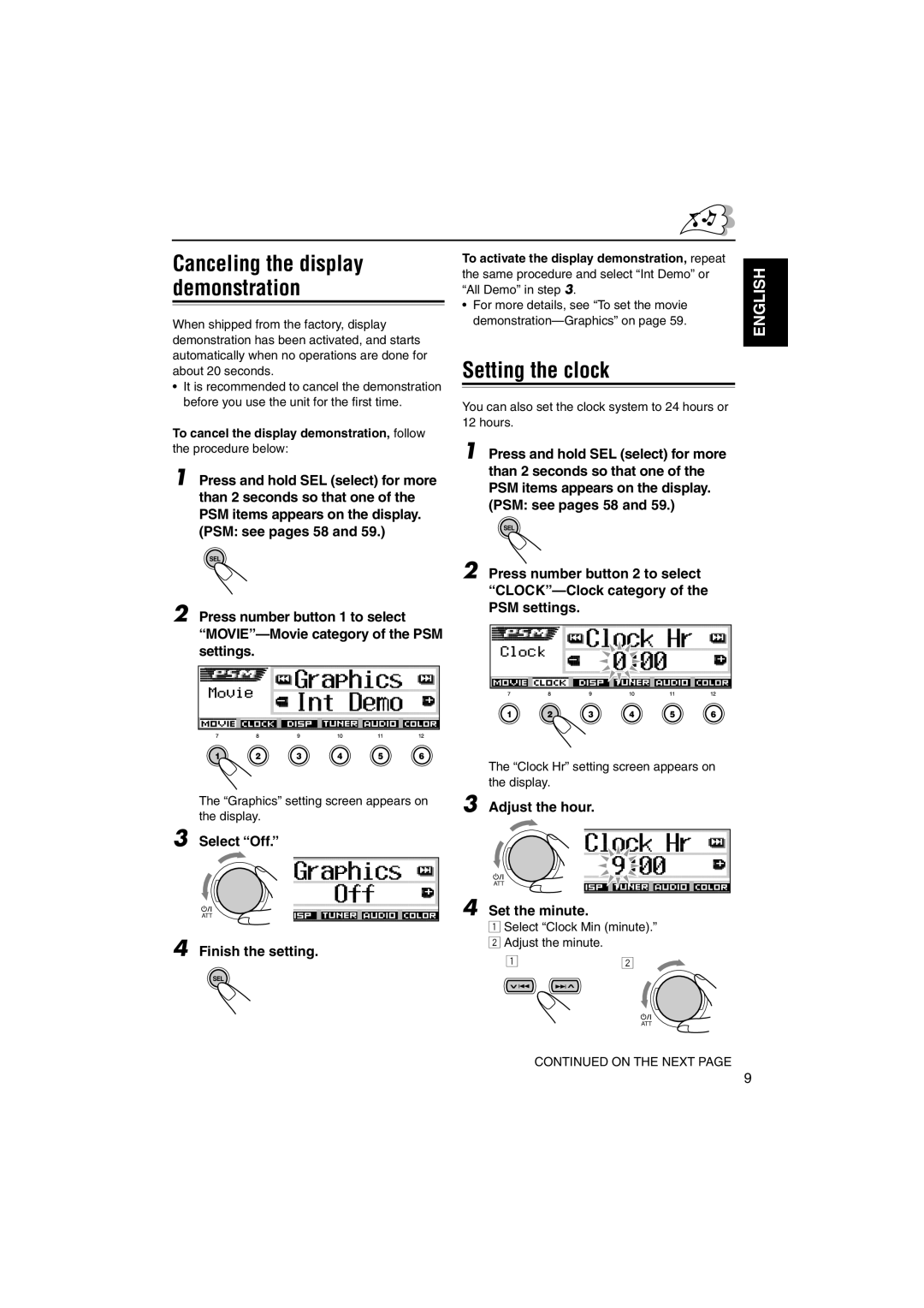 JVC KD-DV5000 manual Setting the clock, Canceling the display demonstration 