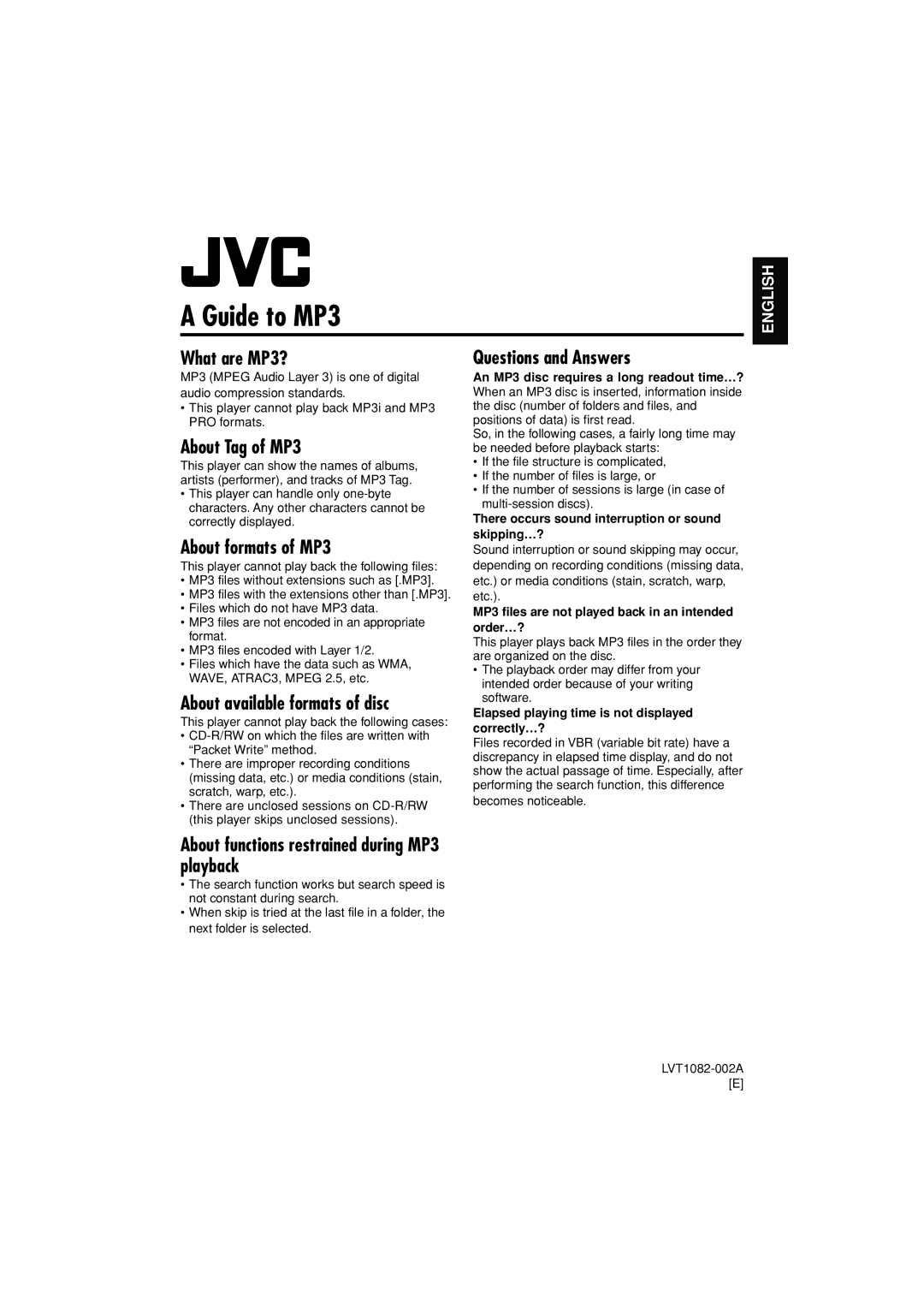 JVC KD-DV5000 manual An MP3 disc requires a long readout time…?, There occurs sound interruption or sound skipping…? 