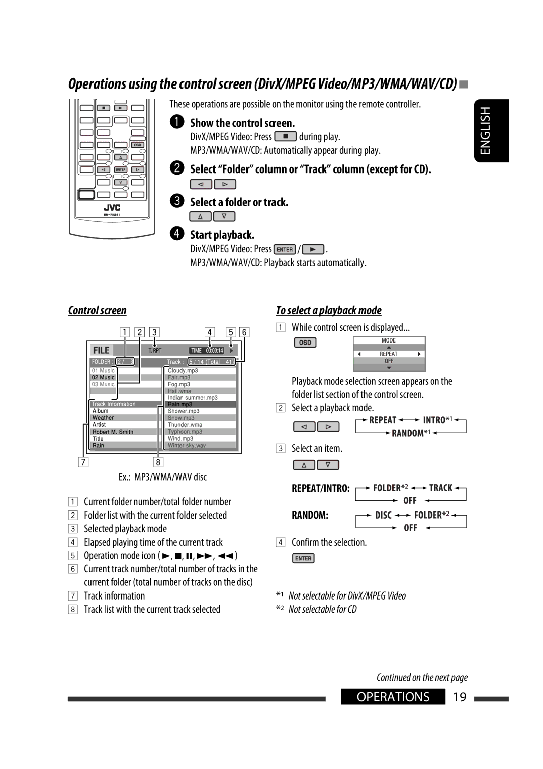 JVC KD-DV5300 ~ Show the control screen, Select a folder or track ⁄ Start playback, Control screen, REPEAT/INTRO Random 