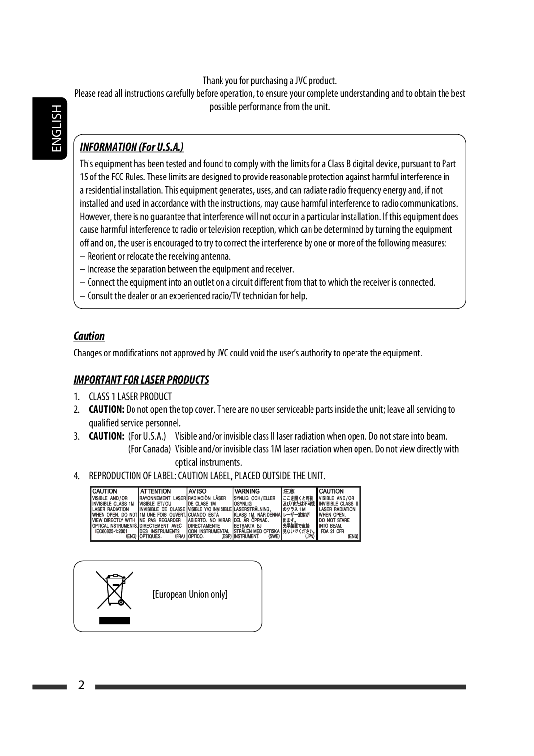 JVC KD-DV5300 manual Information For U.S.A, Thank you for purchasing a JVC product, Possible performance from the unit 