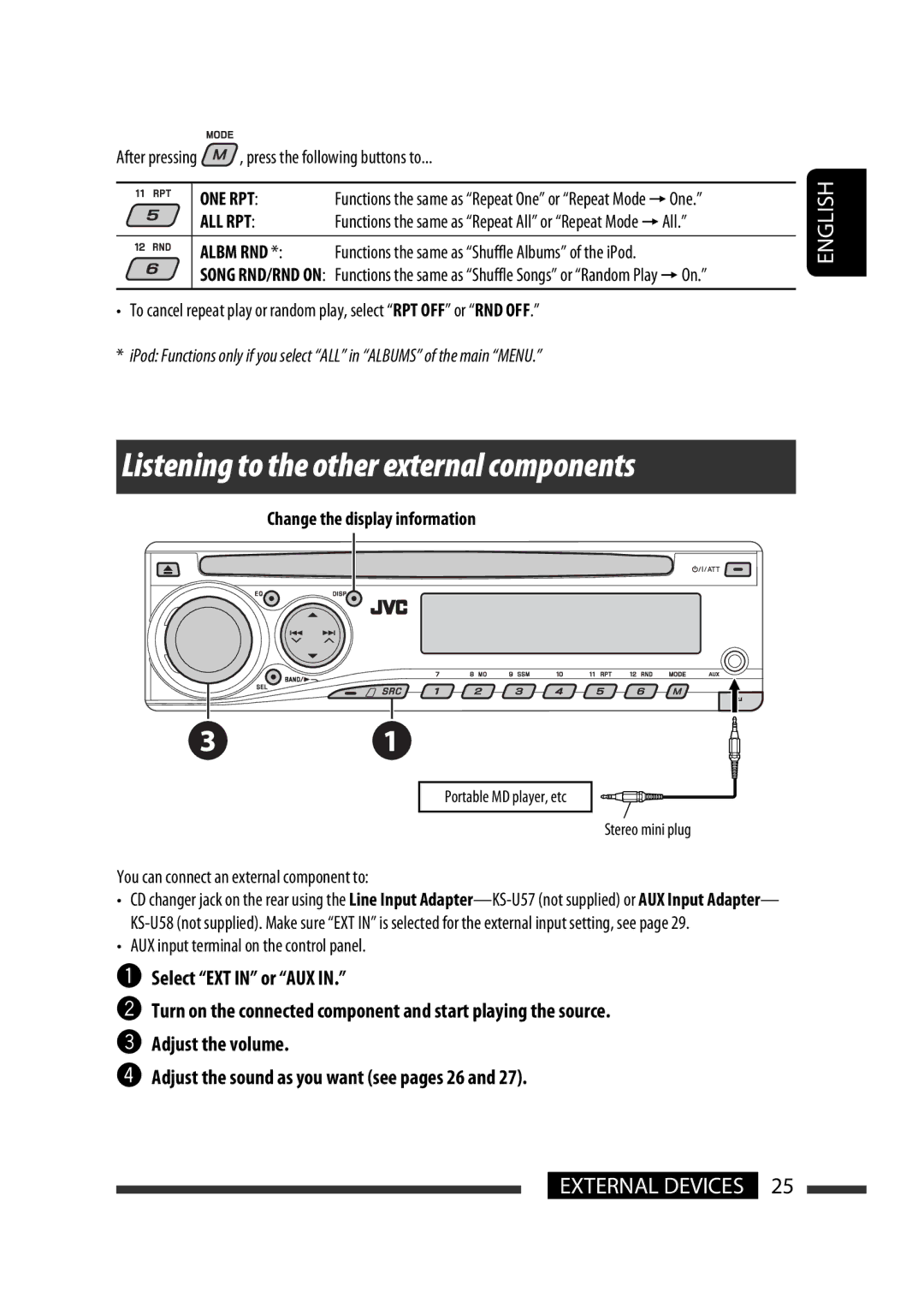 JVC KD-DV5300 manual Listening to the other external components, You can connect an external component to 