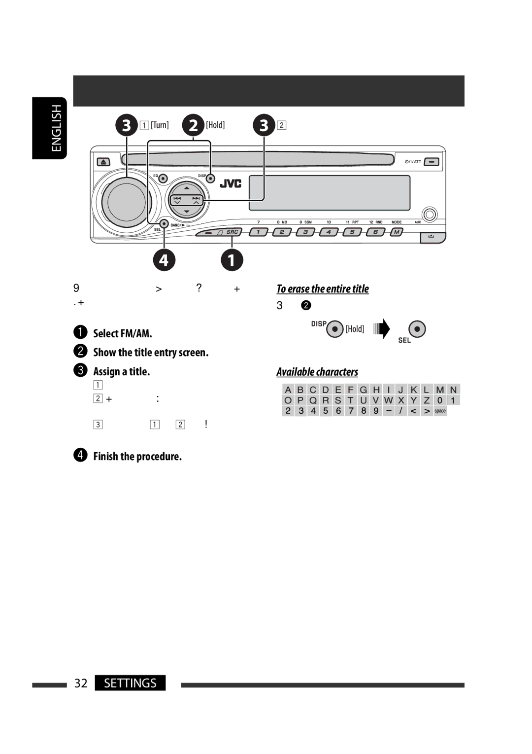 JVC KD-DV5300 manual Assigning titles, ~ Select FM/AM Show the title entry screen, Assign a title, ⁄ Finish the procedure 