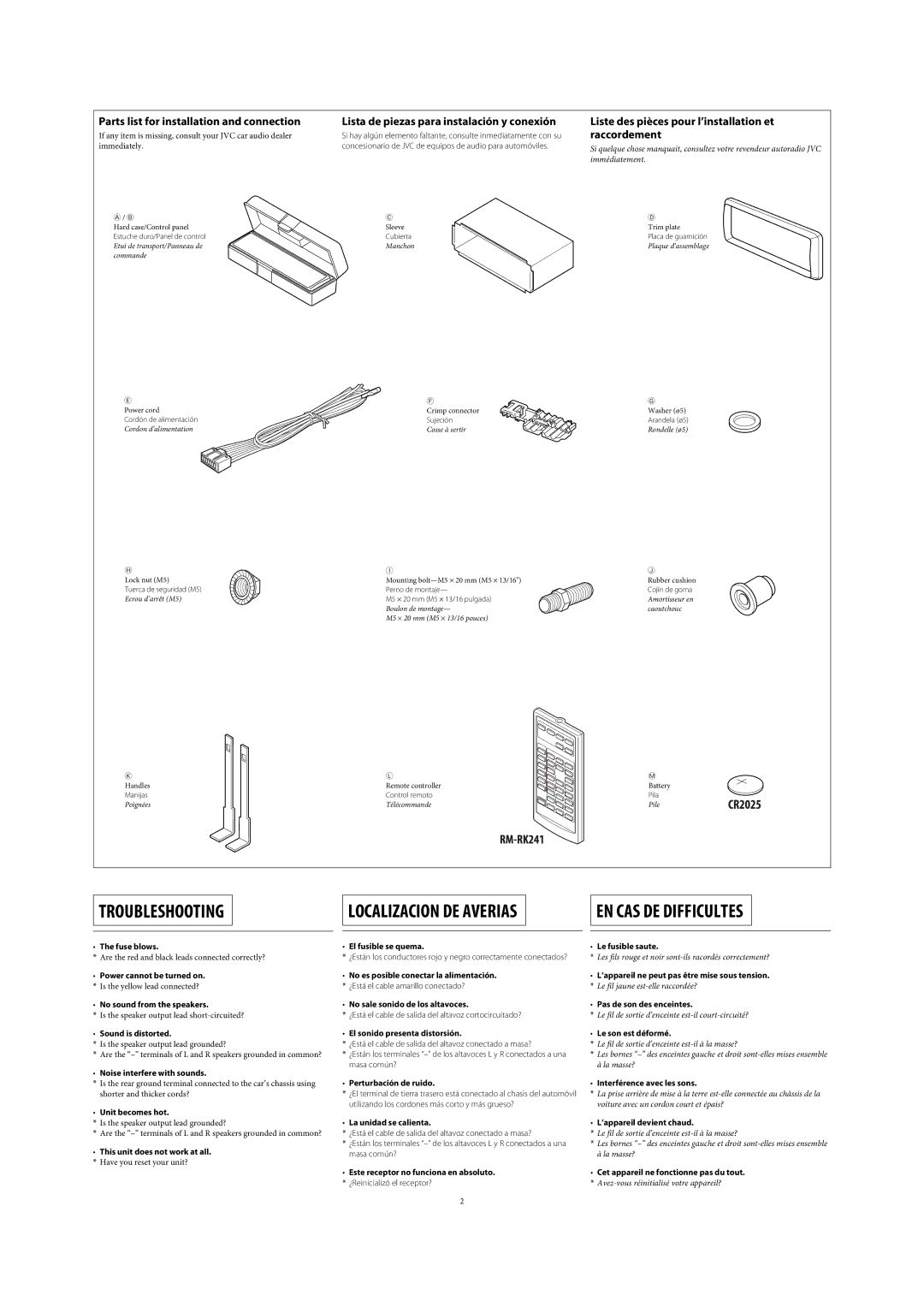 JVC KD-DV5300 manual Estuche duro/Panel de control, Cubierta, Placa de guarnición, Cordón de alimentación Sujeción 