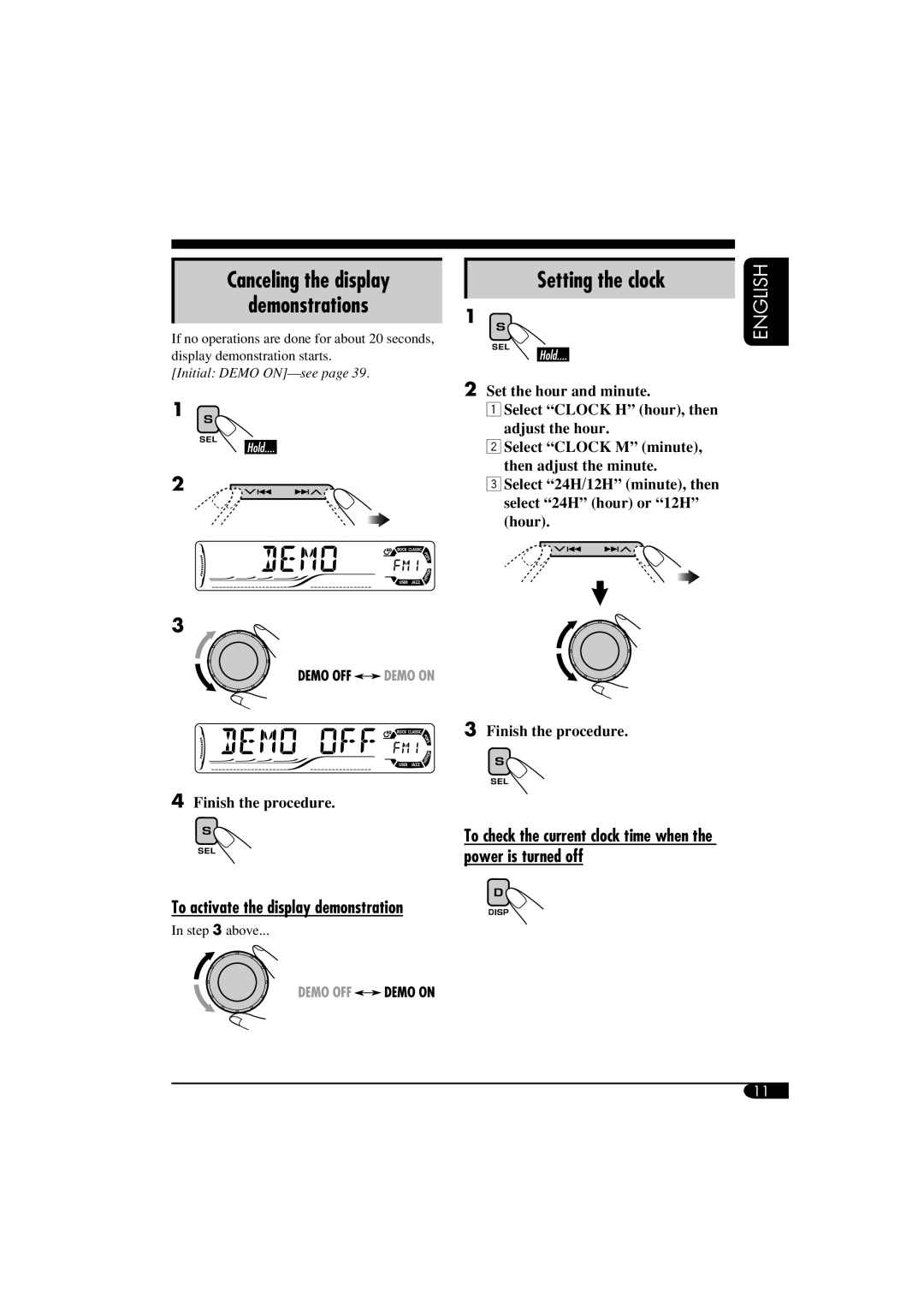 JVC KD-DV6102 manual Canceling the display Demonstrations, Setting the clock, To activate the display demonstration 