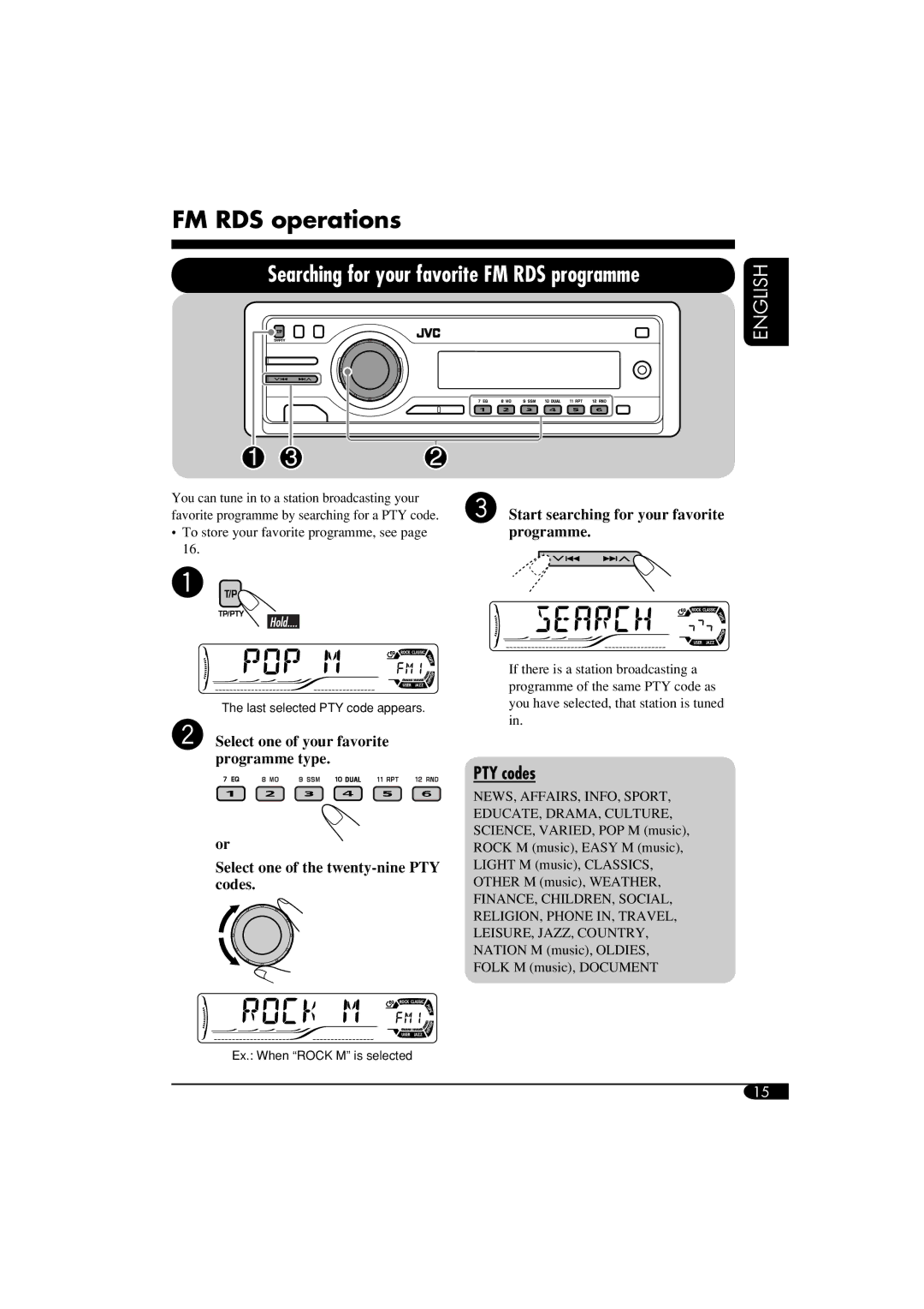 JVC KD-DV6102 manual FM RDS operations, PTY codes, Start searching for your favorite 