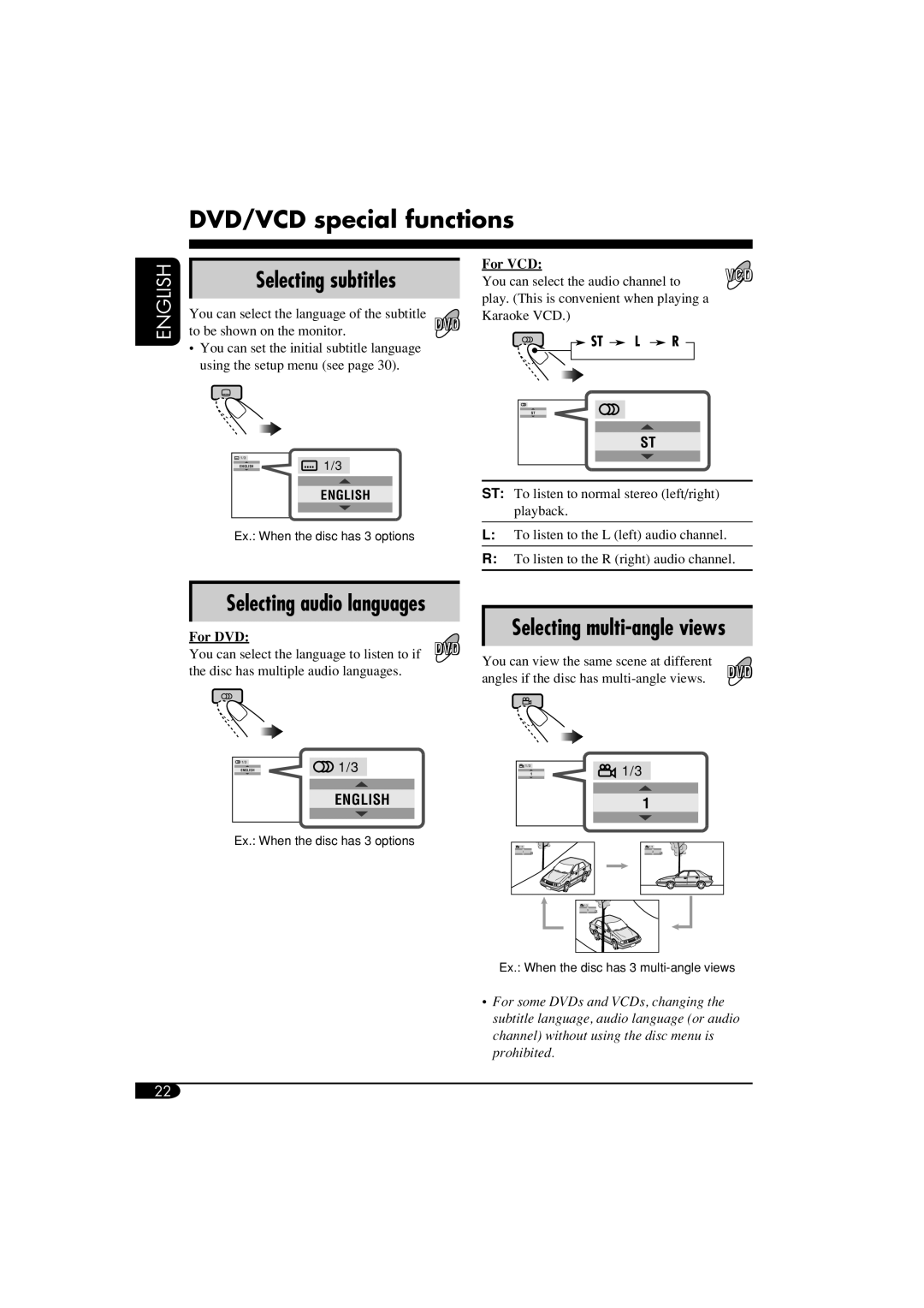 JVC KD-DV6102 manual DVD/VCD special functions, Selecting subtitles, Selecting audio languages, For VCD, For DVD 