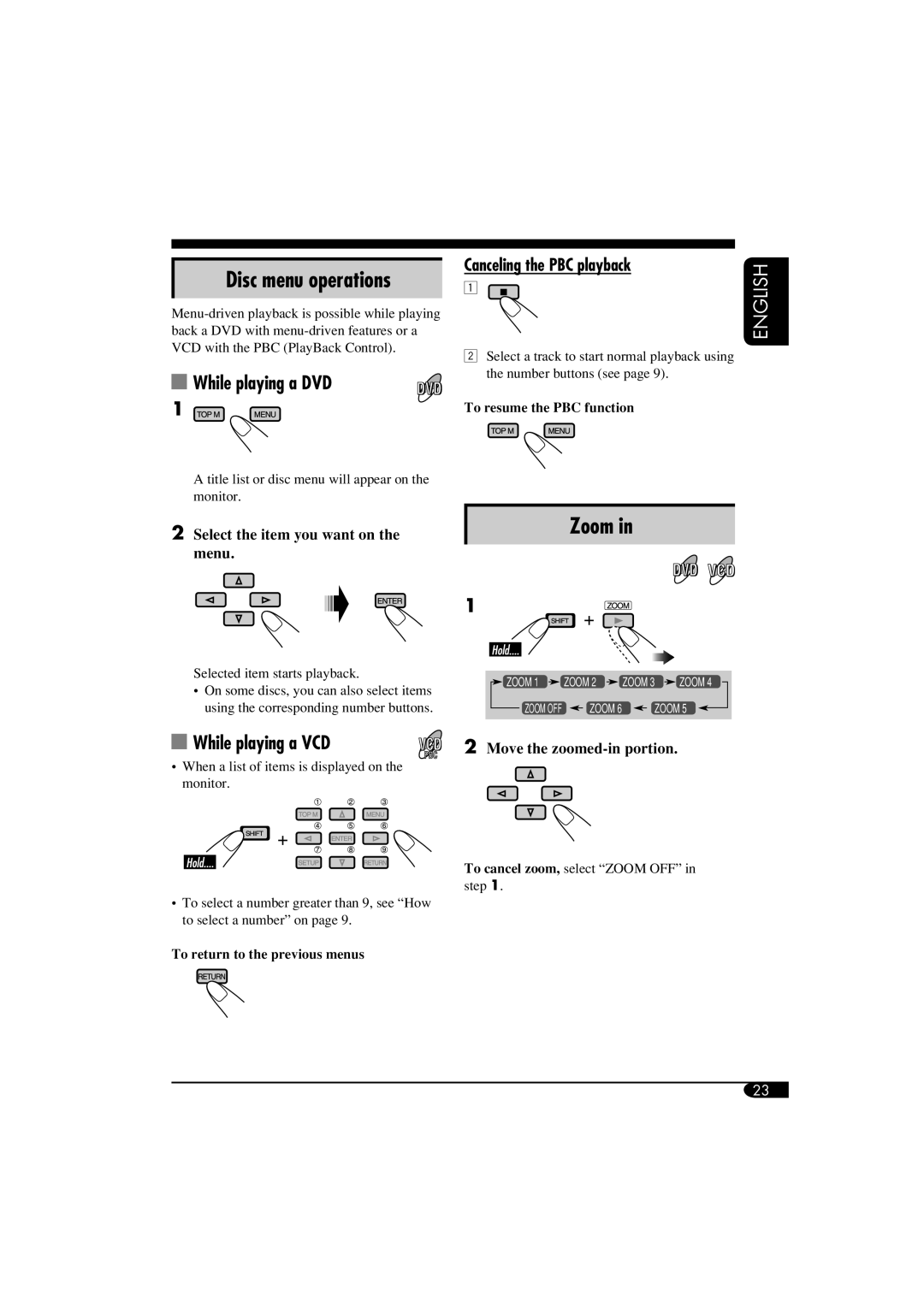 JVC KD-DV6102 manual Disc menu operations, Zoom, While playing a DVD, While playing a VCD 