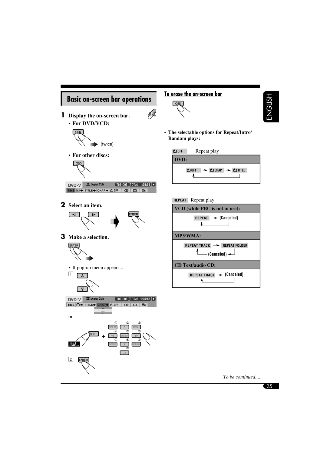 JVC KD-DV6102 manual Basic on-screen bar operations, To erase the on-screen bar, Display the on-screen bar For DVD/VCD 