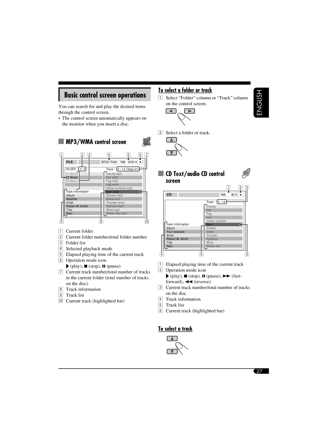 JVC KD-DV6102 MP3/WMA control screen, CD Text/audio CD control screen, Basic control screen operations, To select a track 