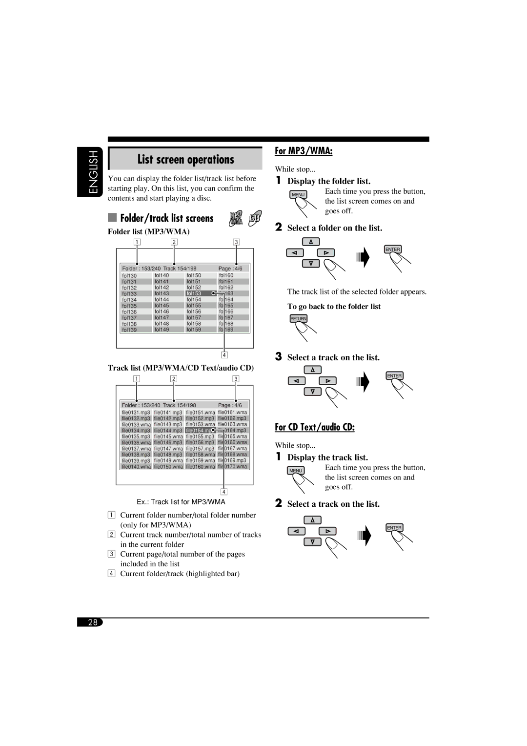 JVC KD-DV6102 manual Folder/track list screens, For MP3/WMA, For CD Text/audio CD 