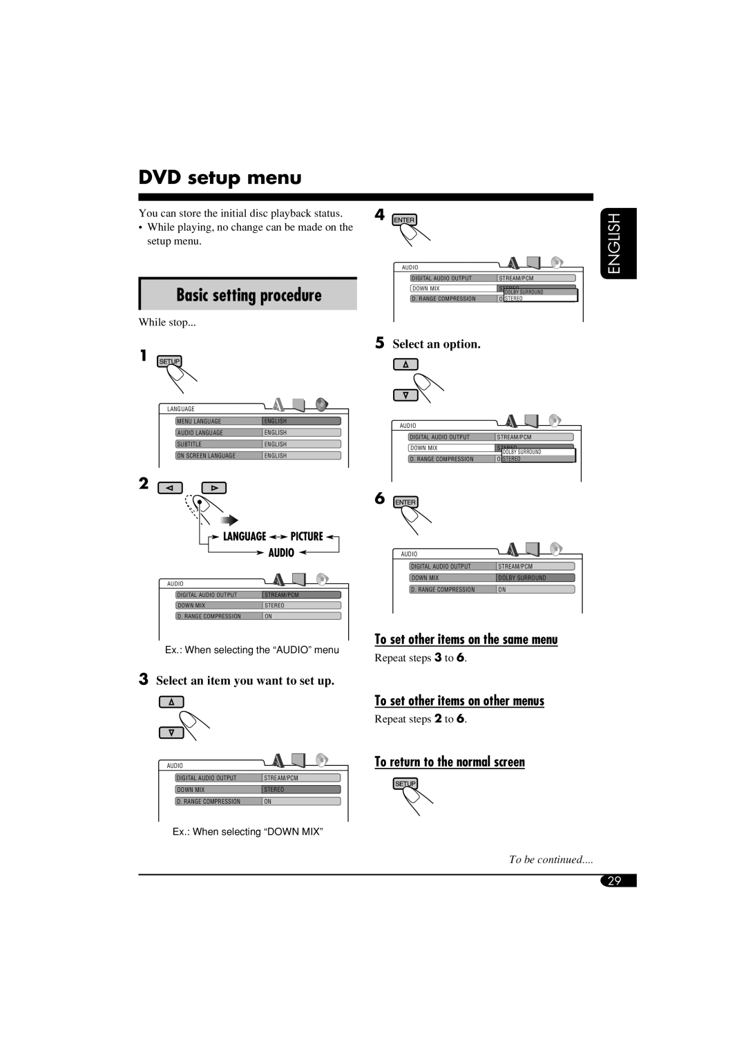 JVC KD-DV6102 manual DVD setup menu, To set other items on other menus, To return to the normal screen 