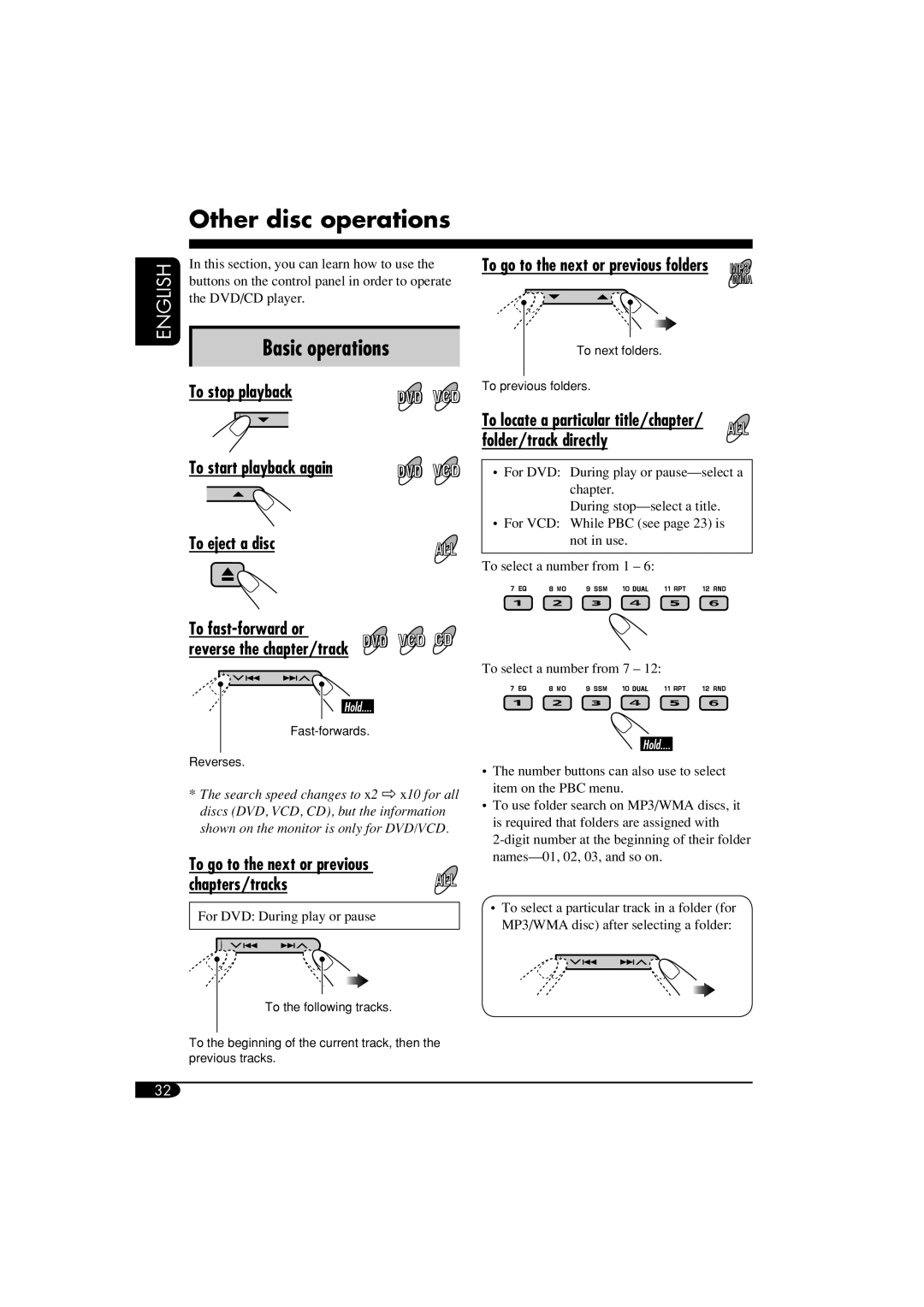 JVC KD-DV6102 manual Other disc operations, To stop playback To go to the next or previous folders 