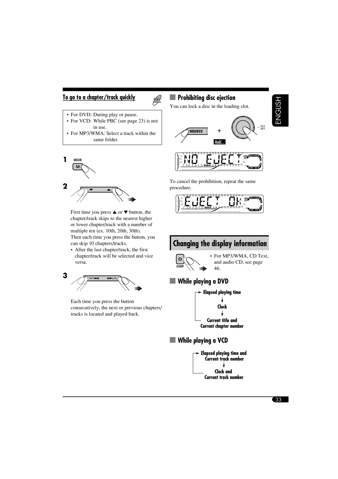 JVC KD-DV6102 manual Prohibiting disc ejection, To go to a chapter/track quickly 