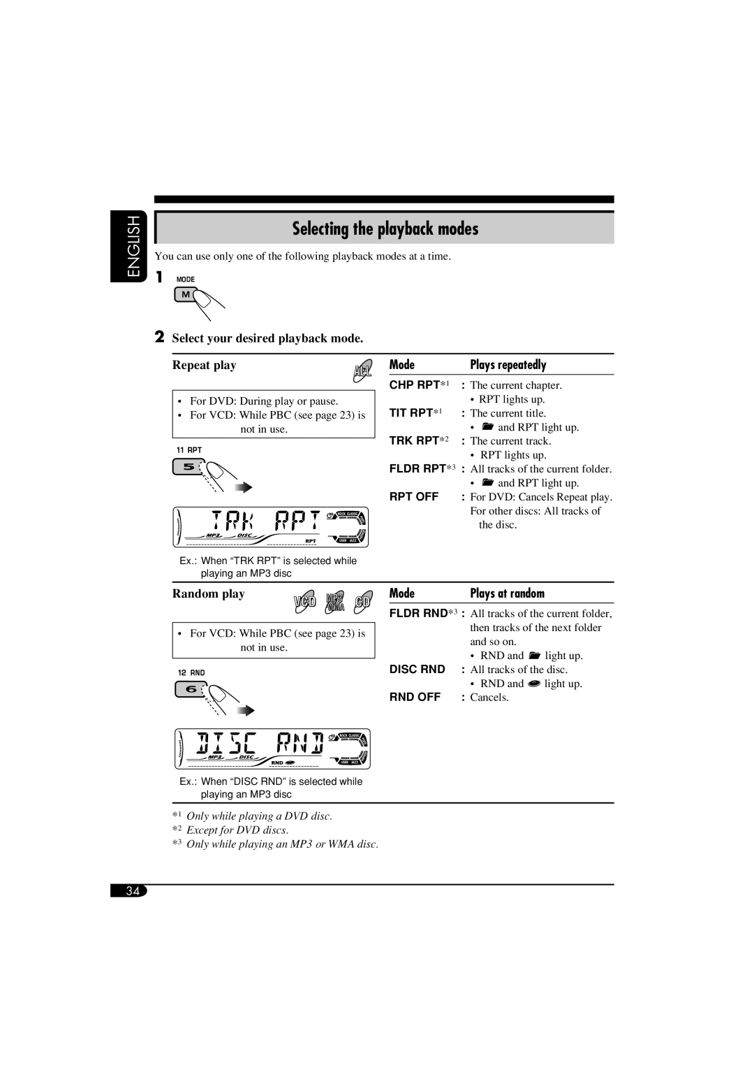 JVC KD-DV6102 manual Selecting the playback modes, Select your desired playback mode Repeat play, Mode, Random play 