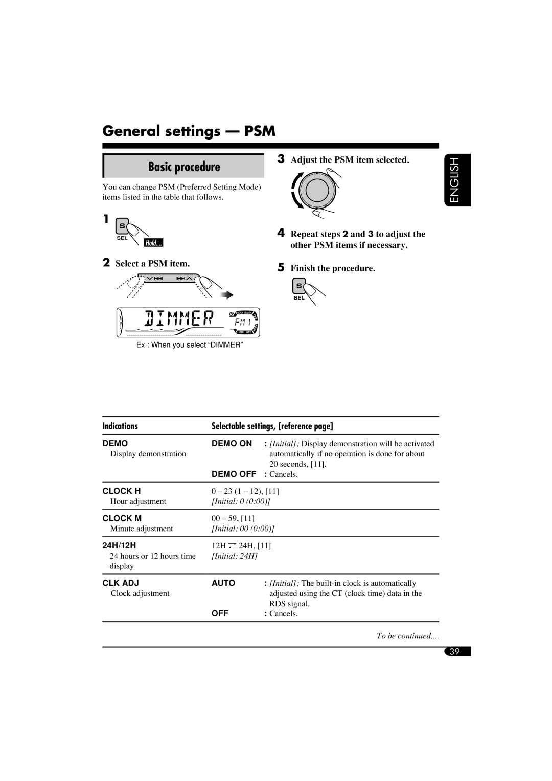 JVC KD-DV6102 manual General settings PSM, Basic procedure 