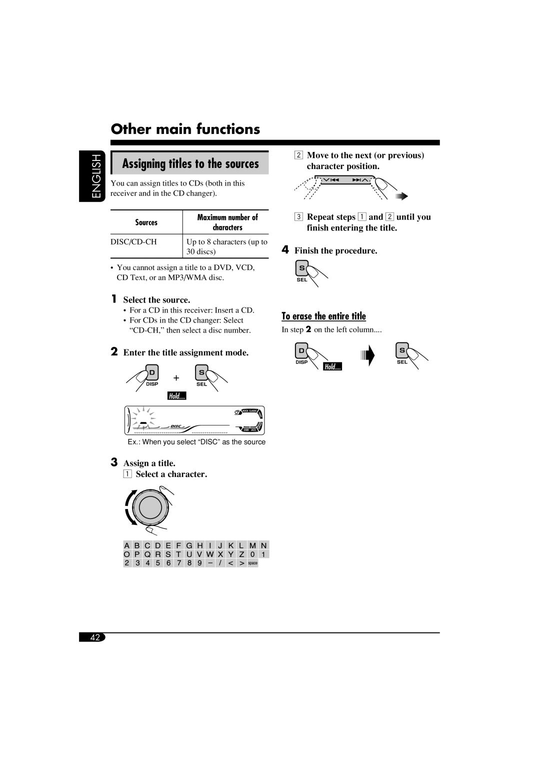 JVC KD-DV6102 manual Other main functions, Assigning titles to the sources, To erase the entire title 