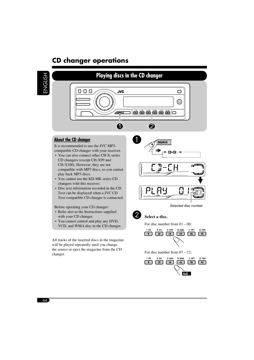 JVC KD-DV6102 manual CD changer operations, About the CD changer, Select a disc 