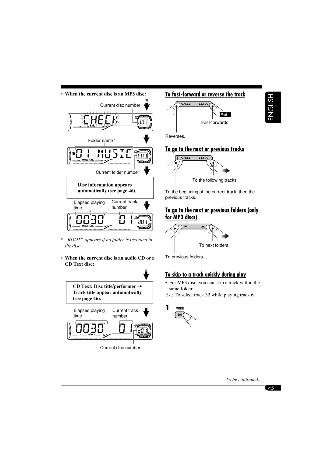 JVC KD-DV6102 manual To go to the next or previous tracks, To go to the next or previous folders only for MP3 discs 