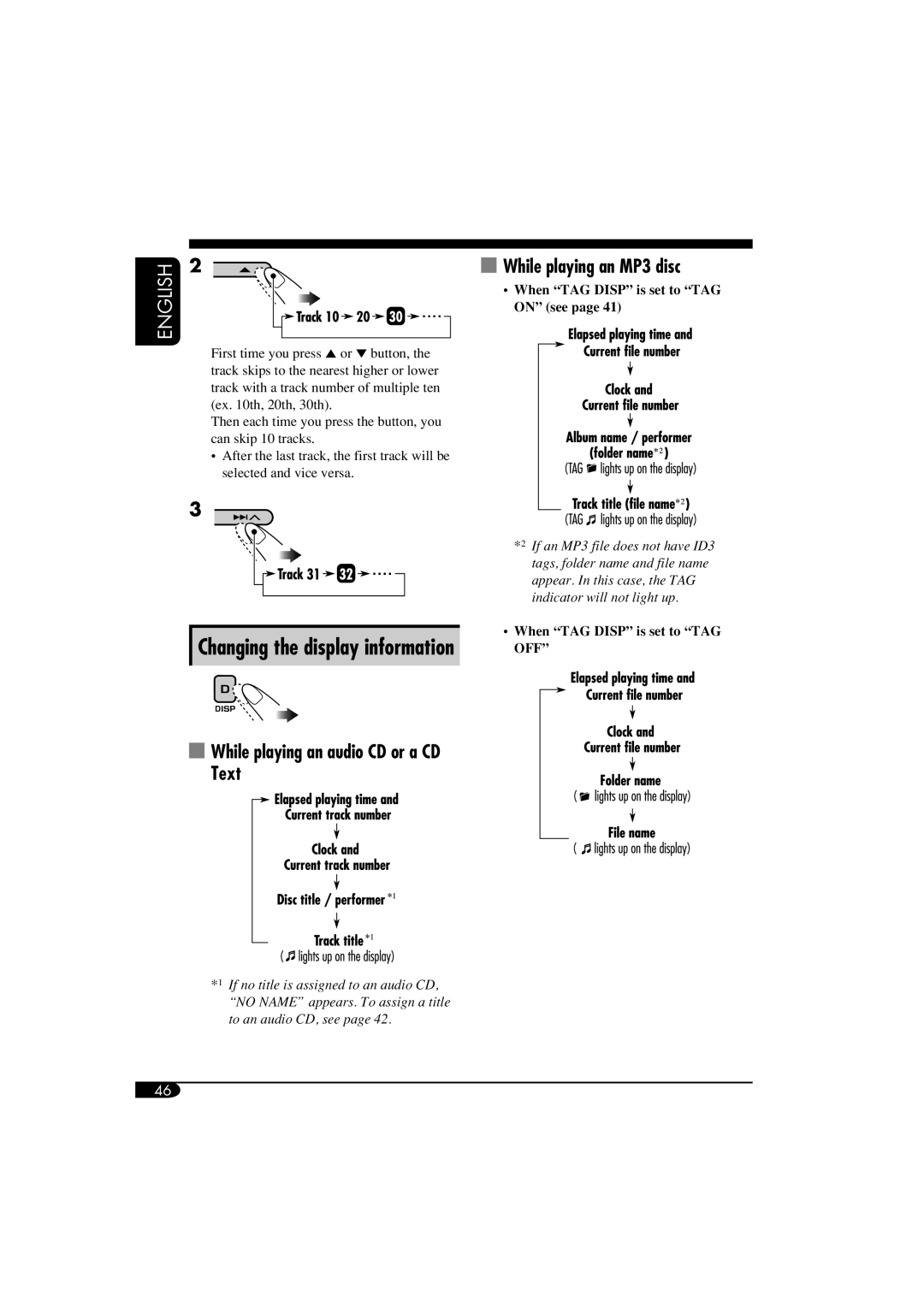 JVC KD-DV6102 manual While playing an MP3 disc, While playing an audio CD or a CD Text, When TAG Disp is set to TAG on see 