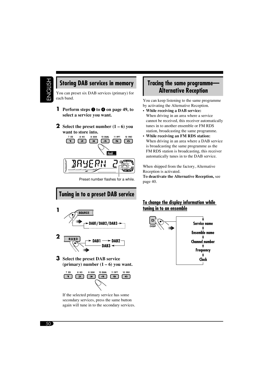 JVC KD-DV6102 manual Alternative Reception, Tuning in to a preset DAB service, Storing DAB services in memory 