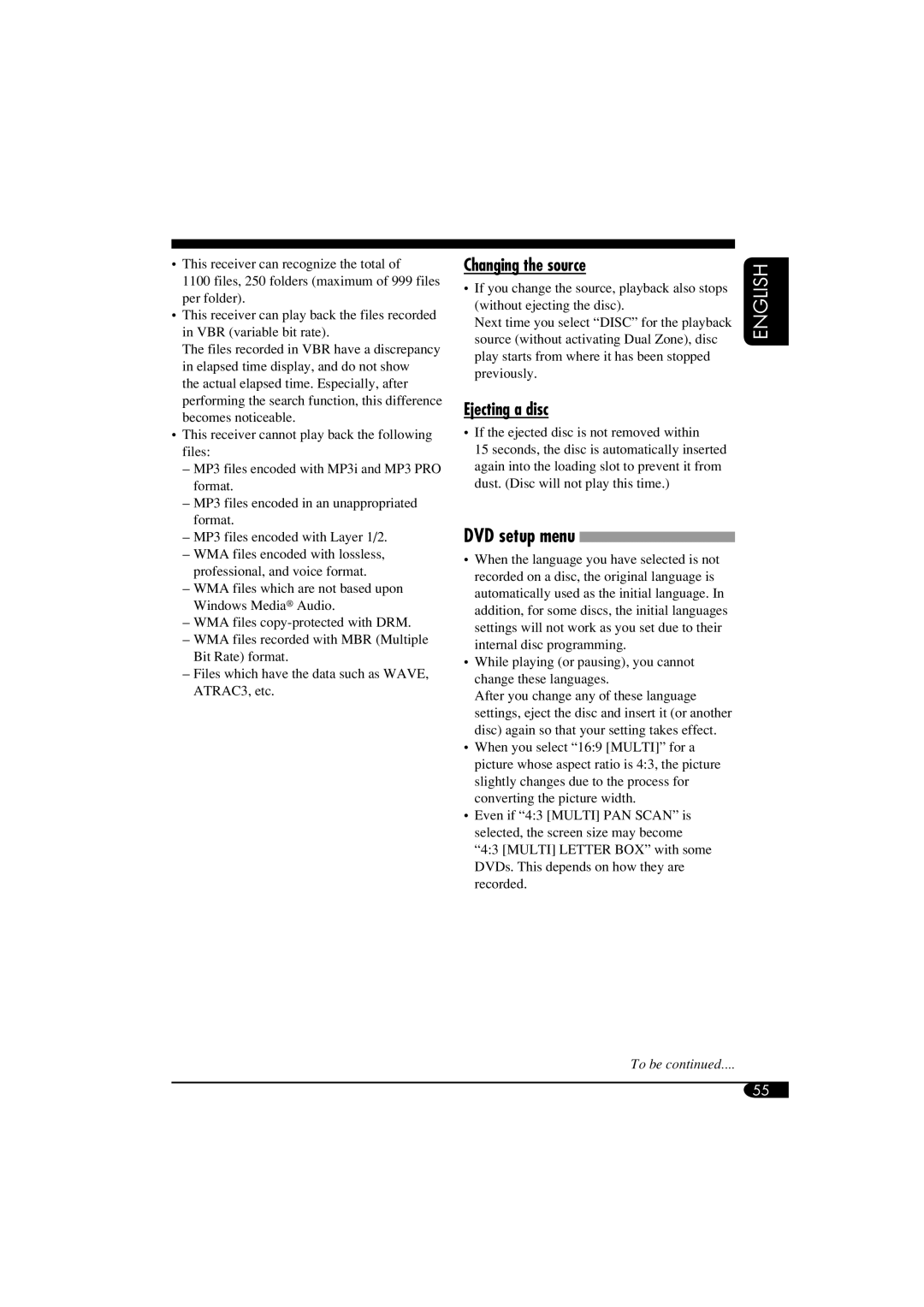 JVC KD-DV6102 manual DVD setup menu, Changing the source, Ejecting a disc 