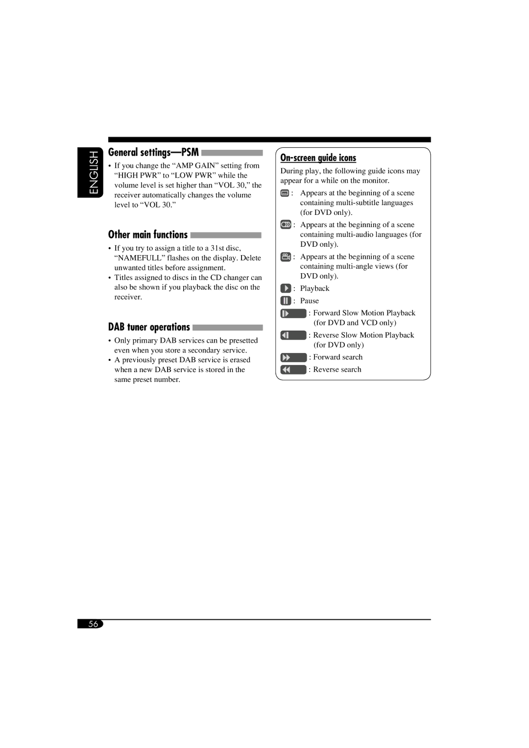 JVC KD-DV6102 manual On-screen guide icons, DAB tuner operations, General settings-PSM 