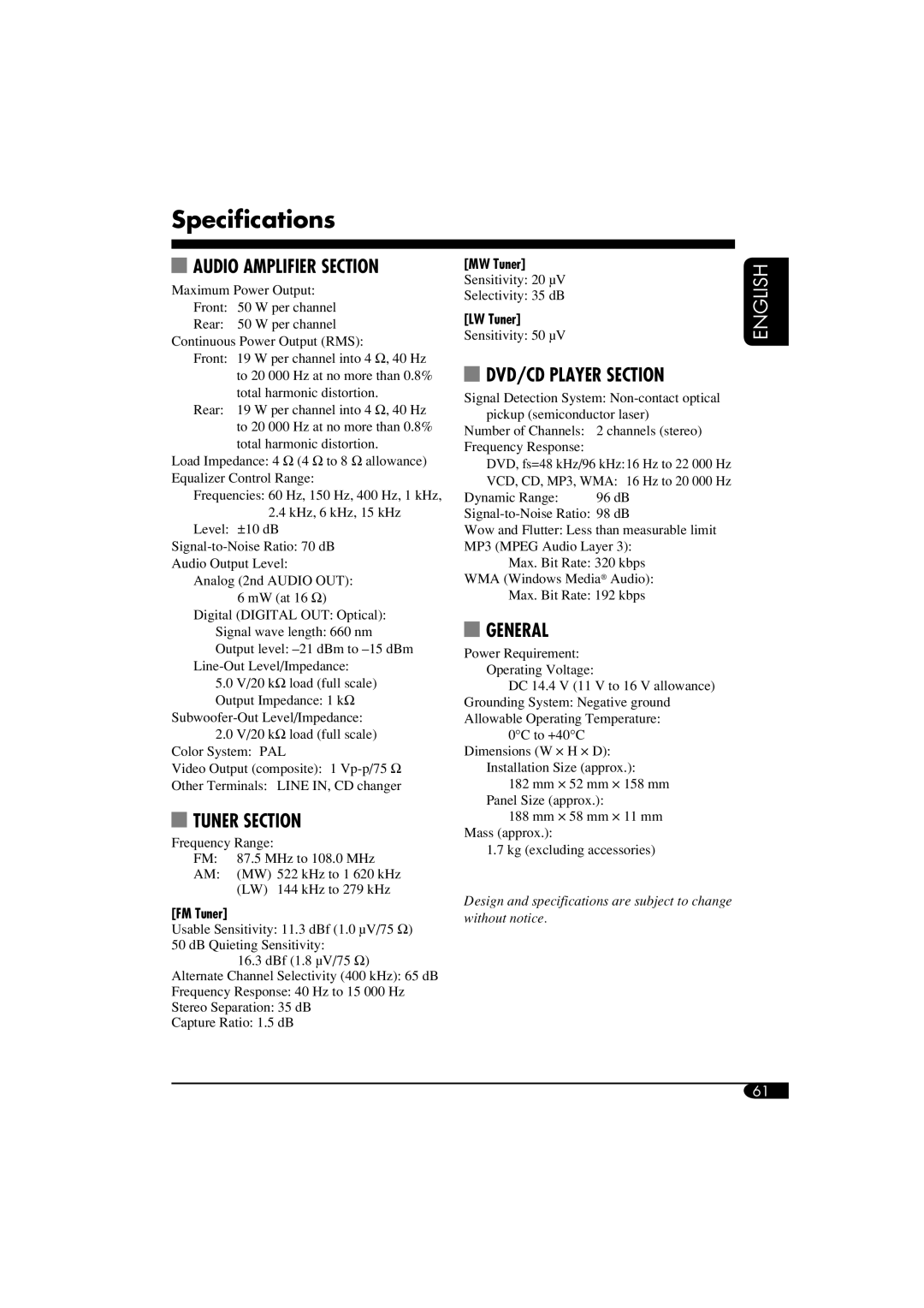 JVC KD-DV6102 manual Specifications, FM Tuner, MW Tuner, LW Tuner 