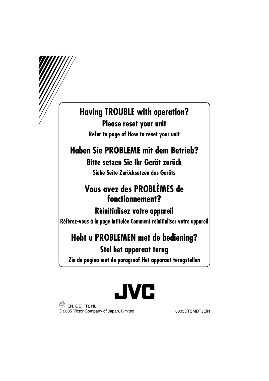 JVC KD-DV6102 manual Refer to page of How to reset your unit, Siehe Seite Zurücksetzen des Geräts 