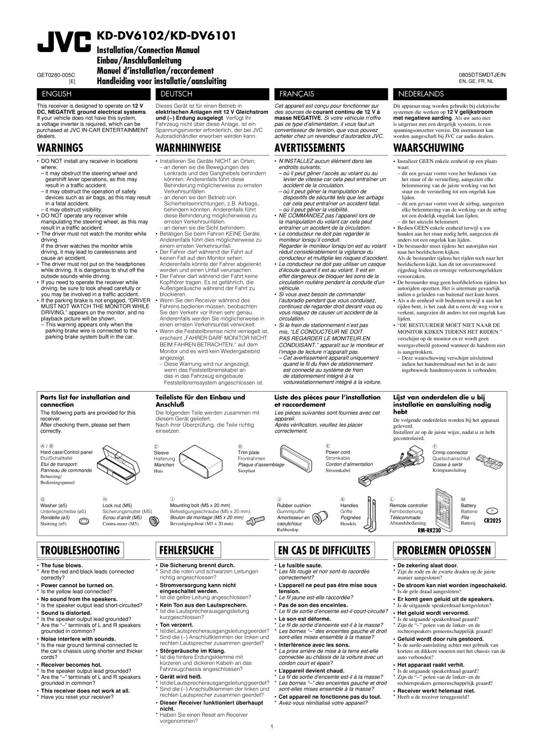 JVC KD-DV6102 manual Installation/Connection Manual, Einbau/Anschlußanleitung, Manuel d’installation/raccordement 