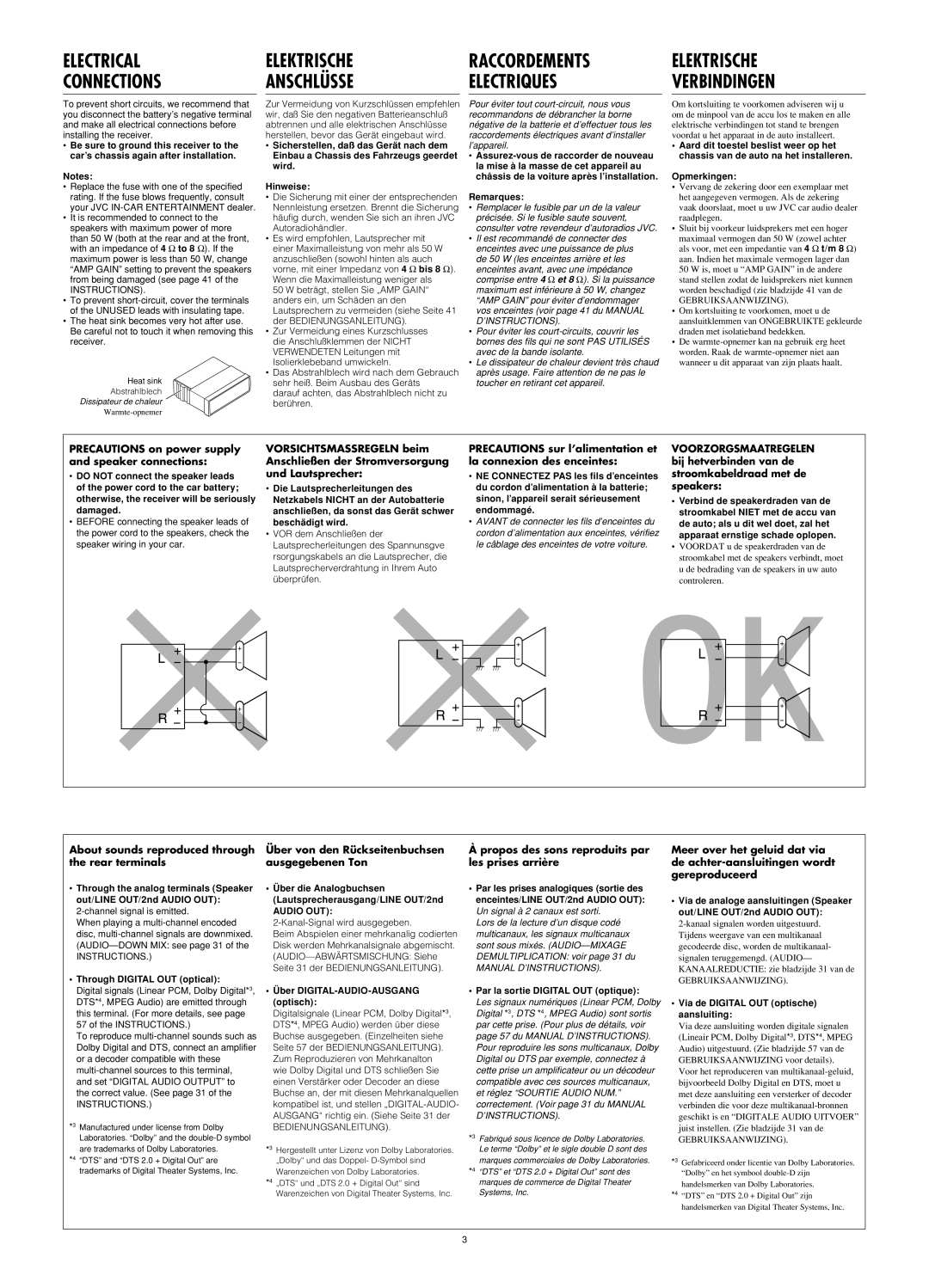 JVC KD-DV6102 manual Precautions on power supply and speaker connections 