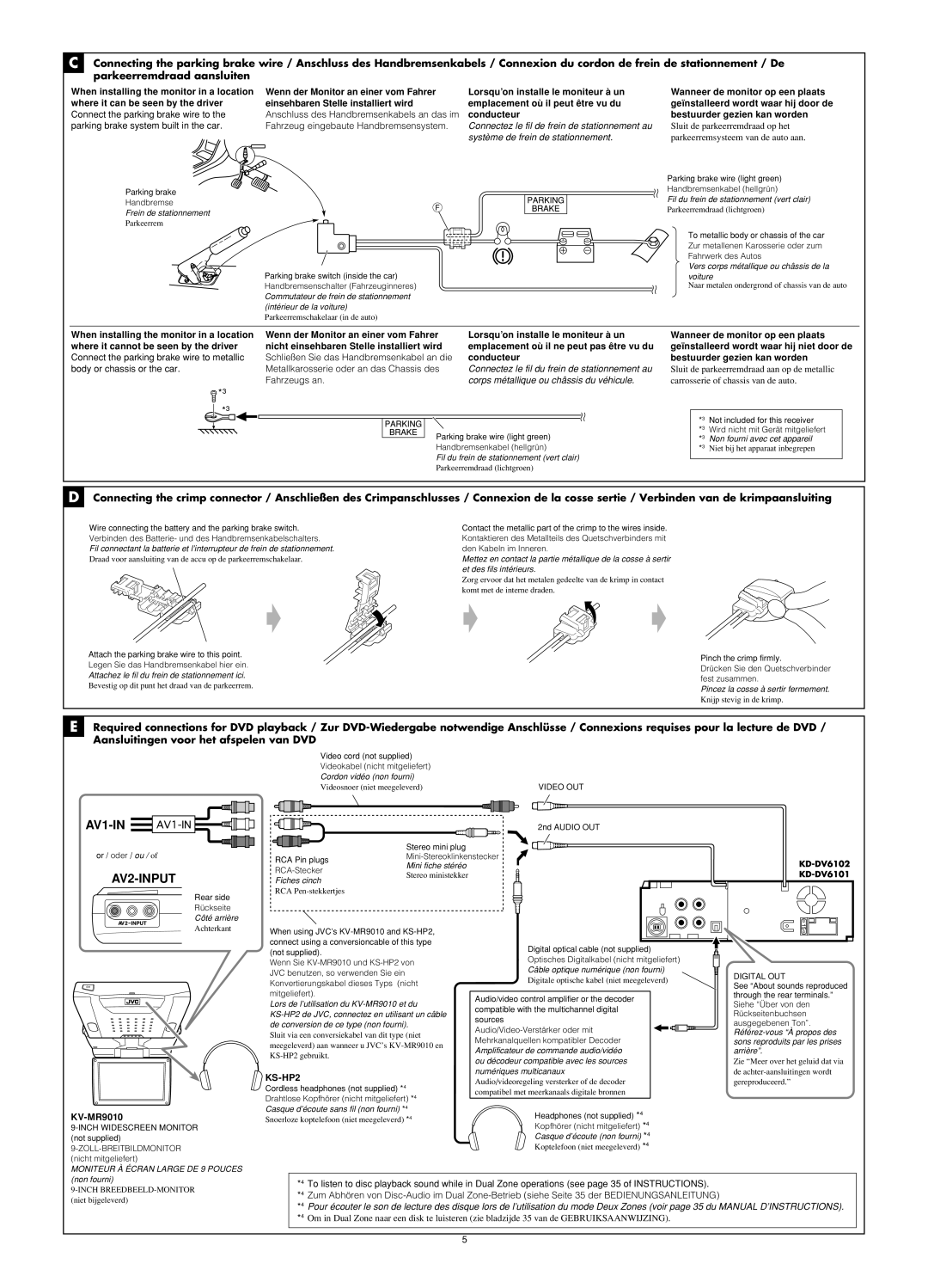 JVC KD-DV6102 manual Sluit de parkeerremdraad op het, Parkeerremsysteem van de auto aan, Carrosserie of chassis van de auto 