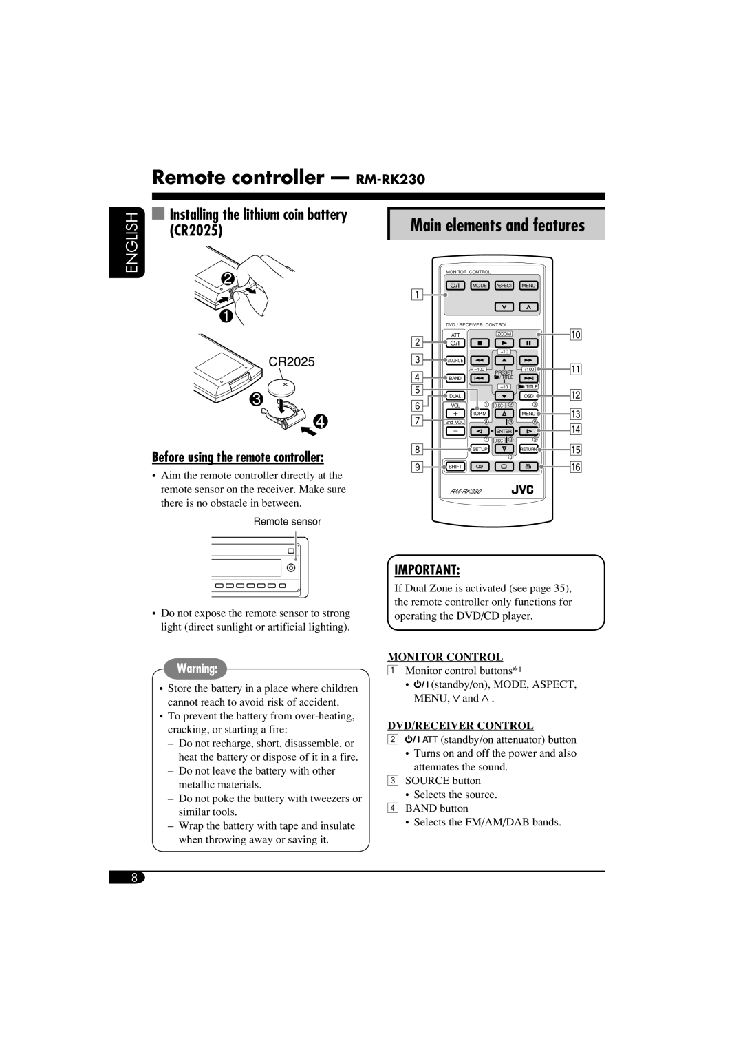 JVC KD-DV6102 Remote controller RM-RK230, Installing the lithium coin battery, CR2025, Before using the remote controller 