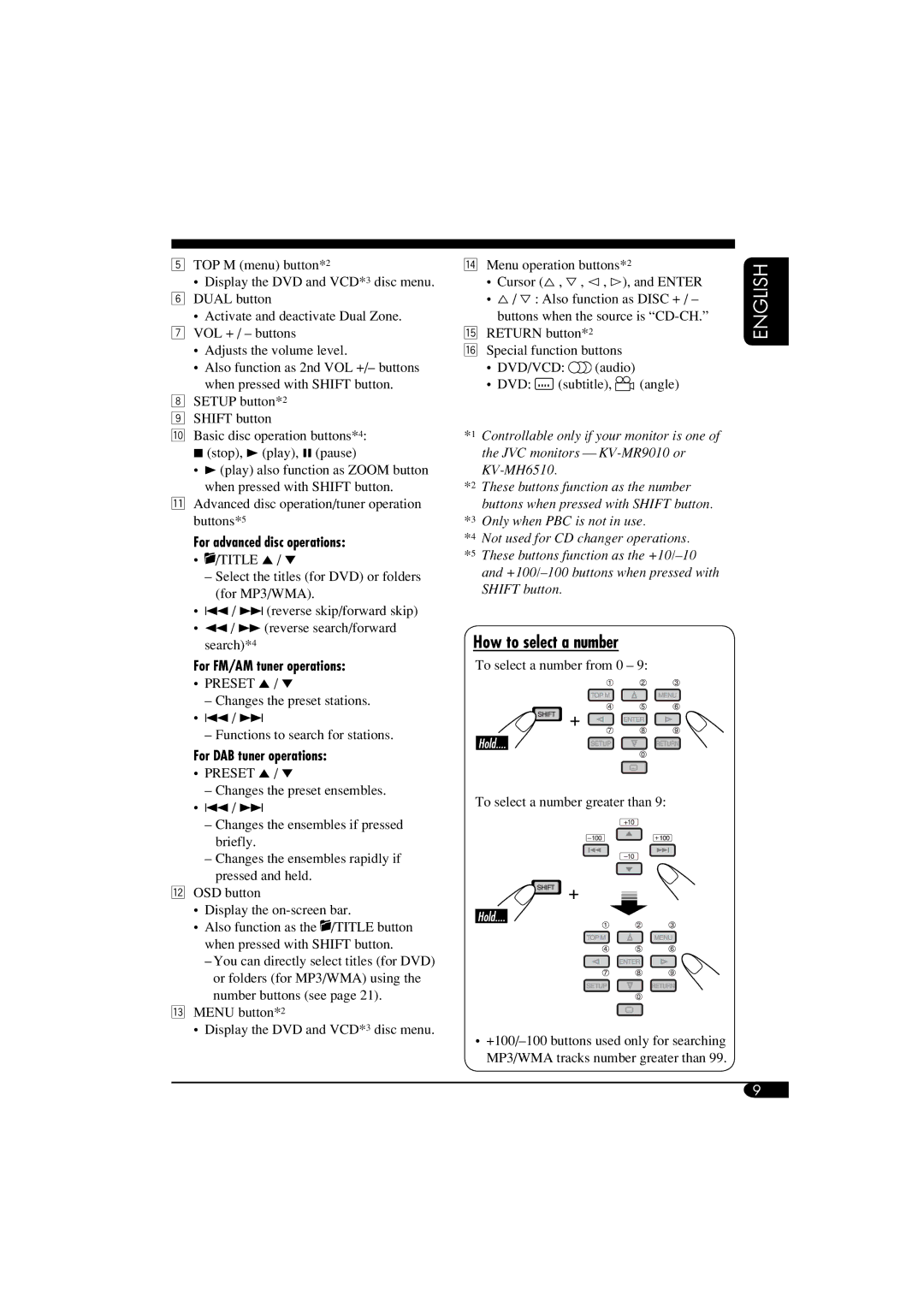 JVC KD-DV6102 How to select a number, For advanced disc operations, For FM/AM tuner operations, For DAB tuner operations 