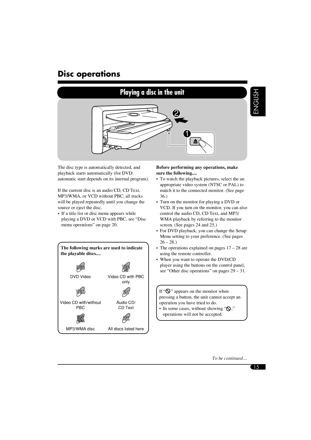 JVC KD-DV6108 manual Disc operations, Following marks are used to indicate Playable discs 