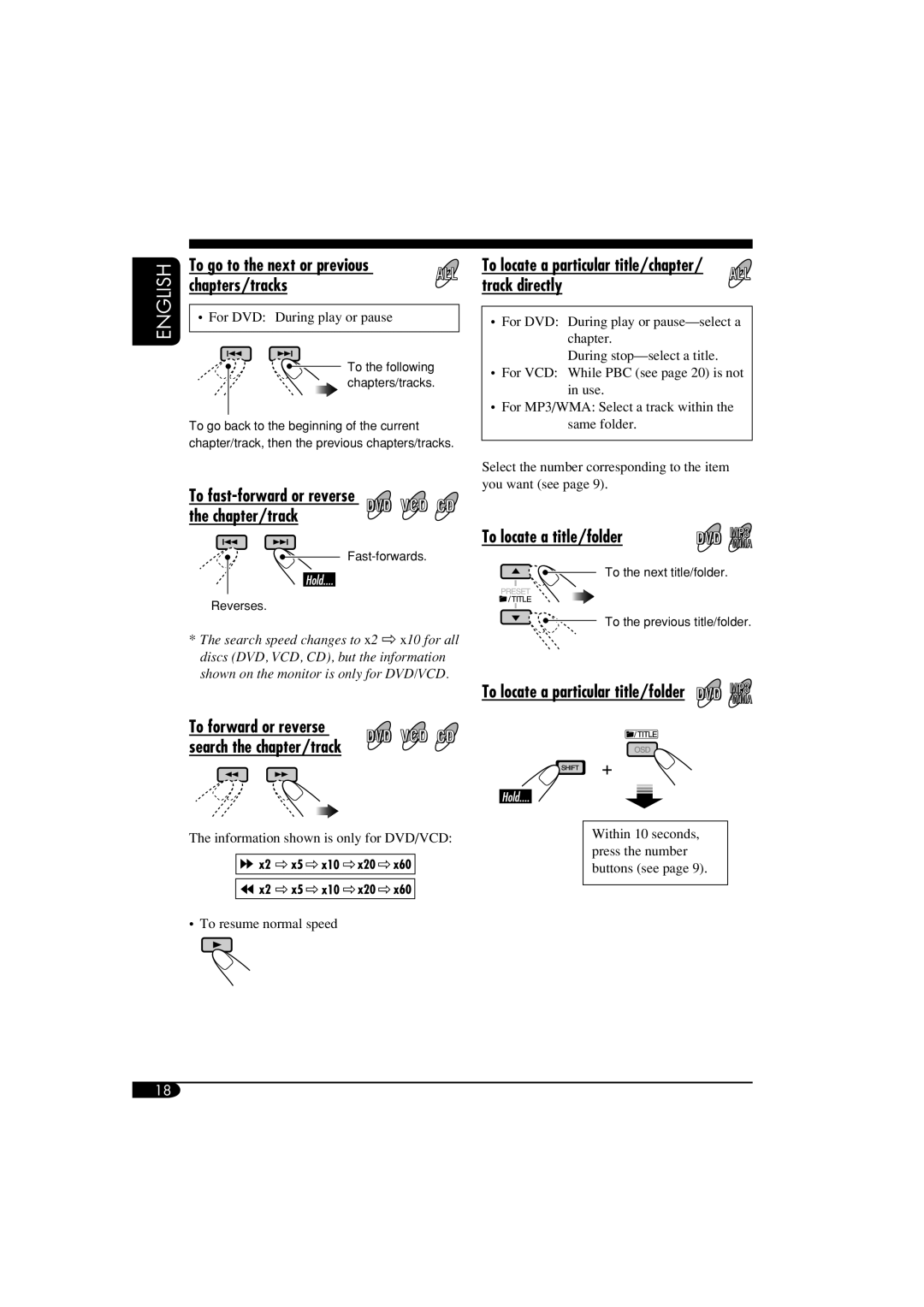 JVC KD-DV6108 manual To go to the next or previous, Chapters/tracks, To locate a particular title/chapter/ track directly 