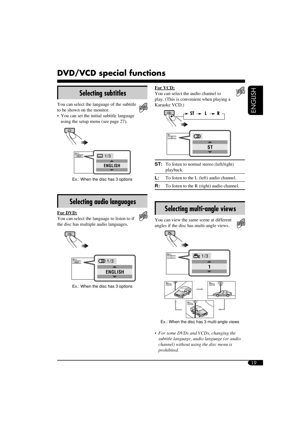 JVC KD-DV6108 manual DVD/VCD special functions, Selecting subtitles, Selecting multi-angle views, For VCD, For DVD 