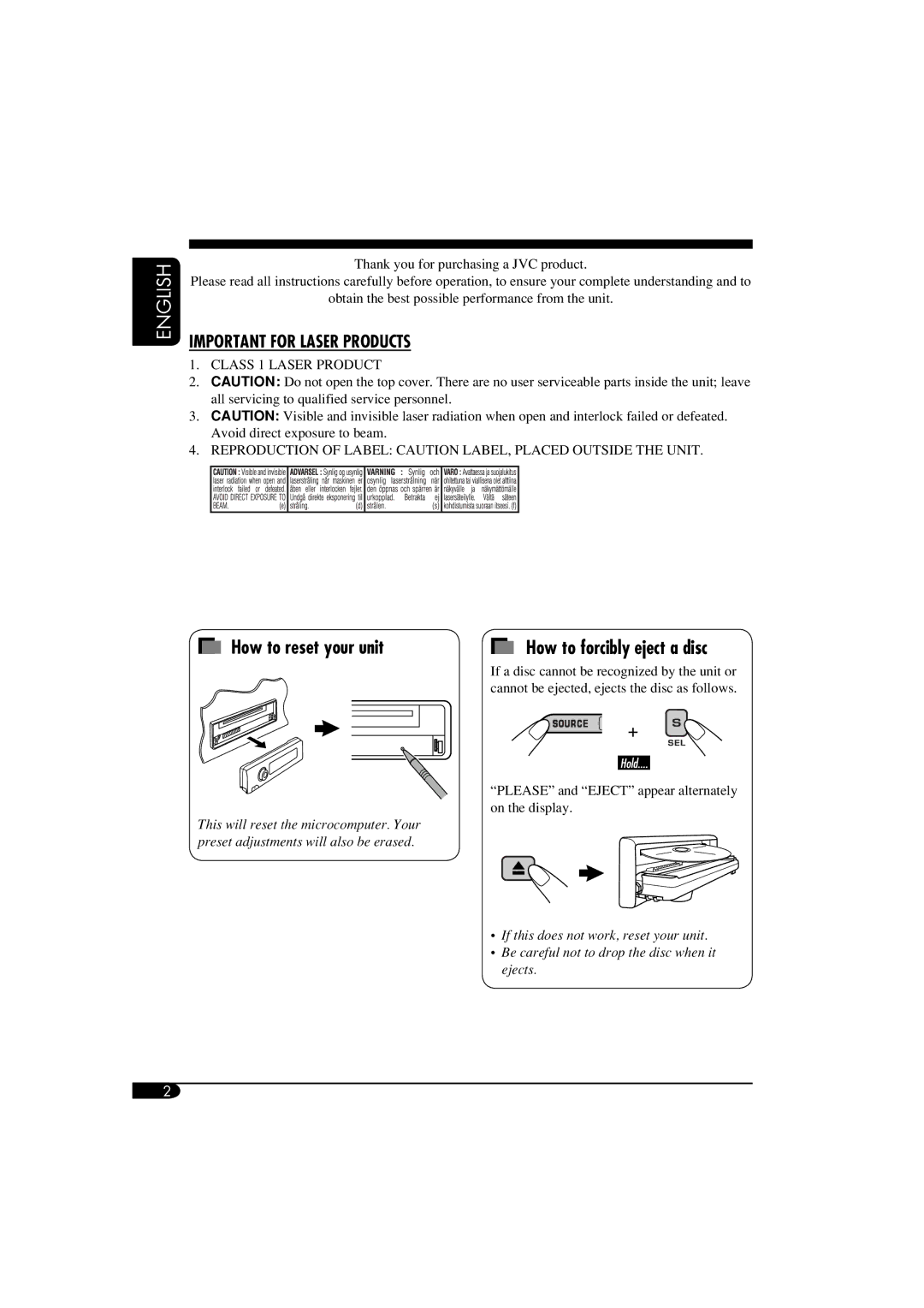 JVC KD-DV6108 manual How to reset your unit, How to forcibly eject a disc 