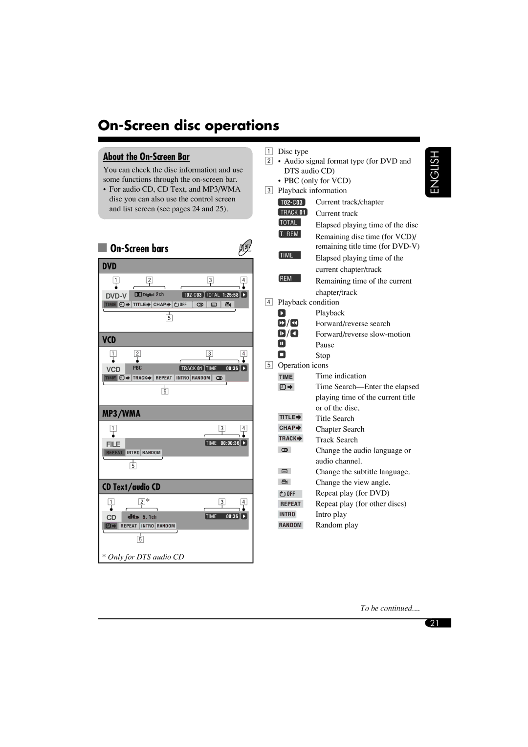 JVC KD-DV6108 manual On-Screen disc operations, On-Screen bars, About the On-Screen Bar, CD Text/audio CD 