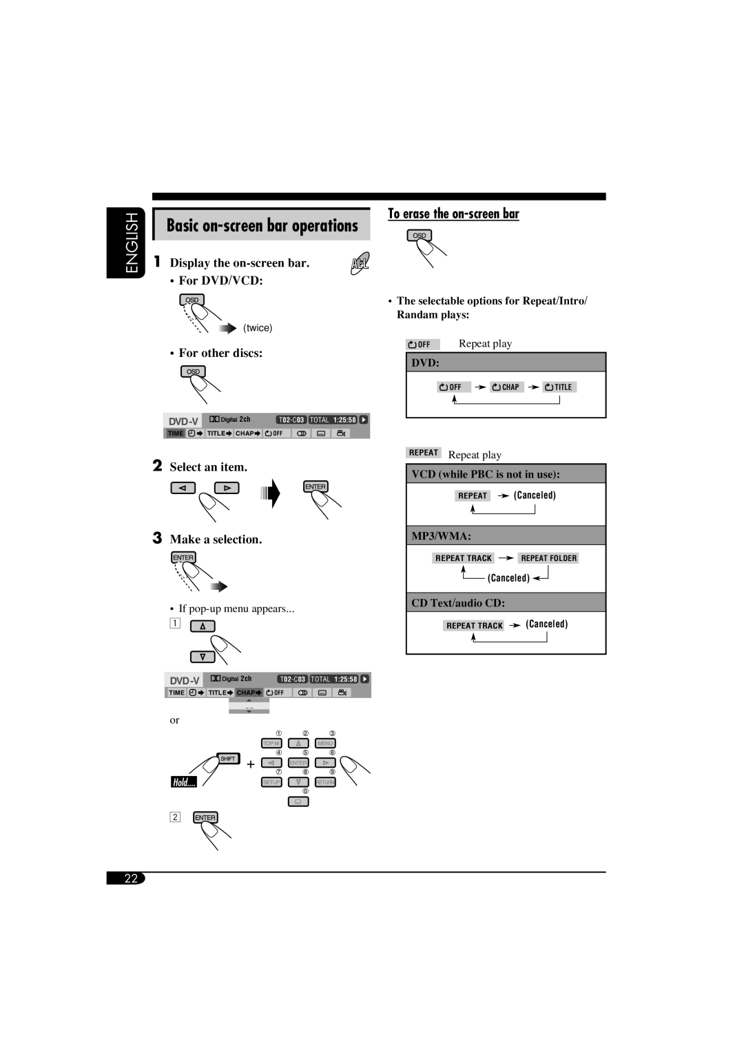 JVC KD-DV6108 manual To erase the on-screen bar, Basic on-screen bar operations 